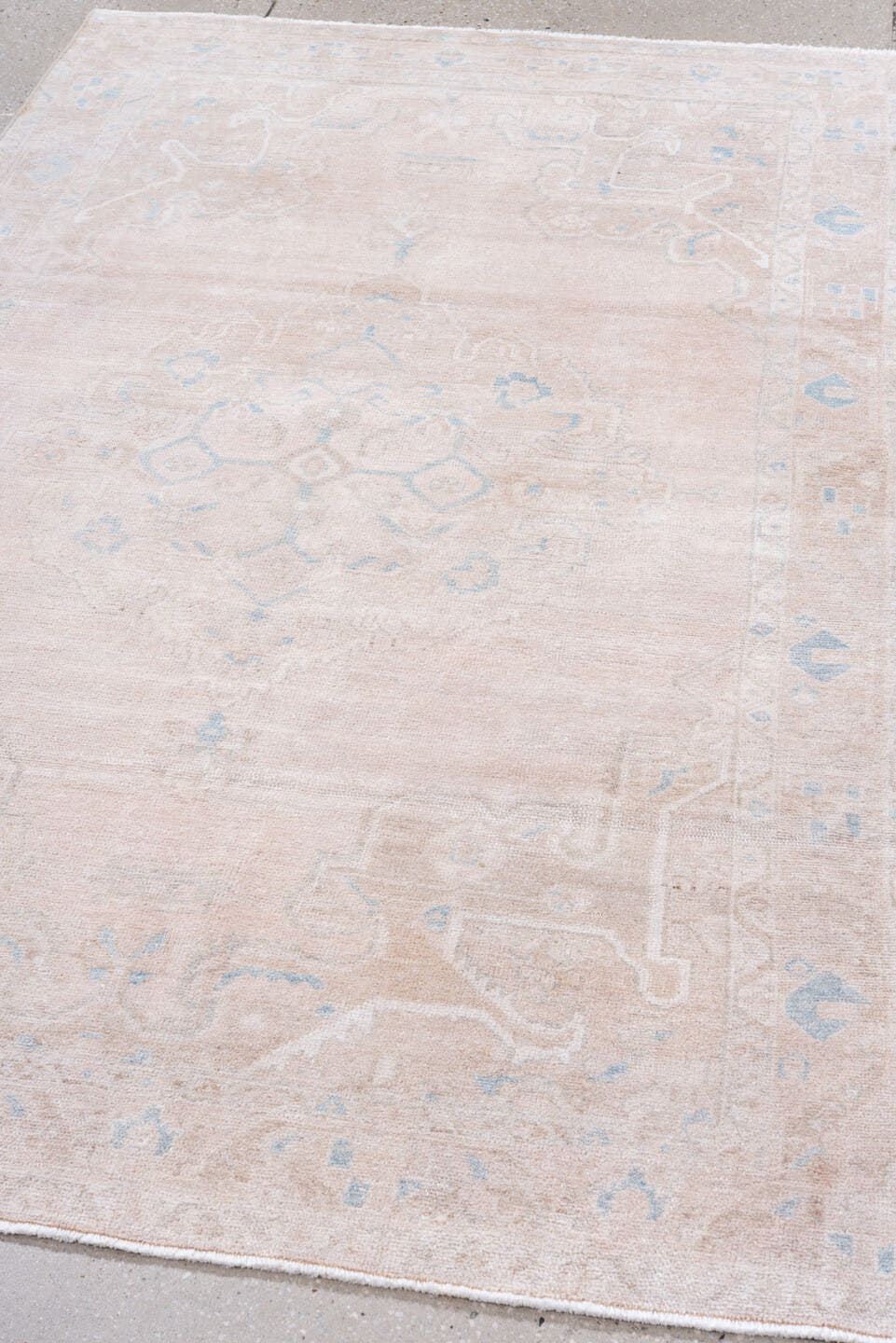 4' x 7' one-of-a-kind handmade vintage Hamadan rug. Color palette: blush, ivory, pale blue, beige, cream, pink, light blue