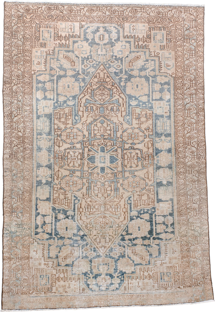 4' x 6' one-of-a-kind handmade vintage Malayer small size rug. Color palette: ivory, pale blue, tan, camel, taupe, beige