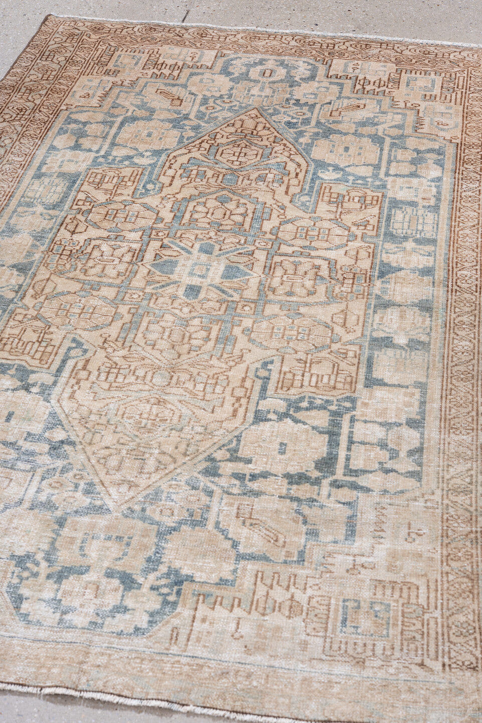 4' x 6' one-of-a-kind handmade vintage Malayer small size rug. Color palette: ivory, pale blue, tan, camel, taupe, beige
