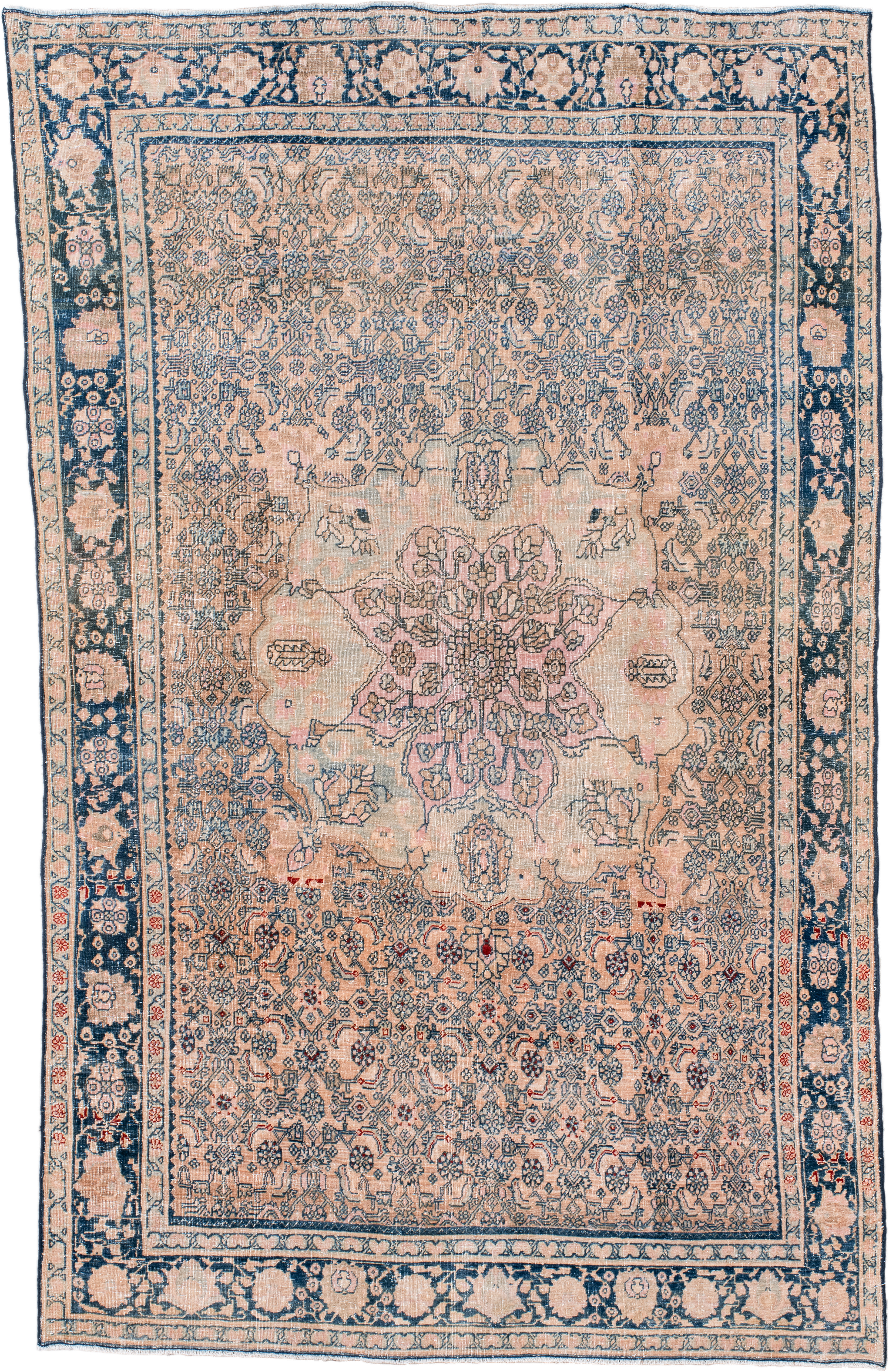 4' x 7' one-of-a-kind handmade antique Bidjar rug. Color palette: blush, ivory, navy, dusty rose, slate blue, coral, pink