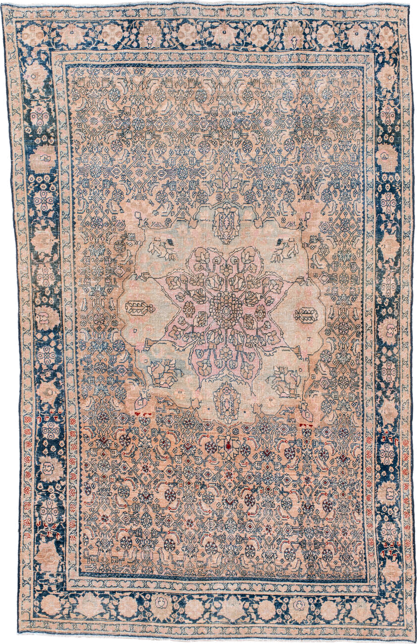 4' x 7' one-of-a-kind handmade antique Bidjar rug. Color palette: blush, ivory, navy, dusty rose, slate blue, coral, pink