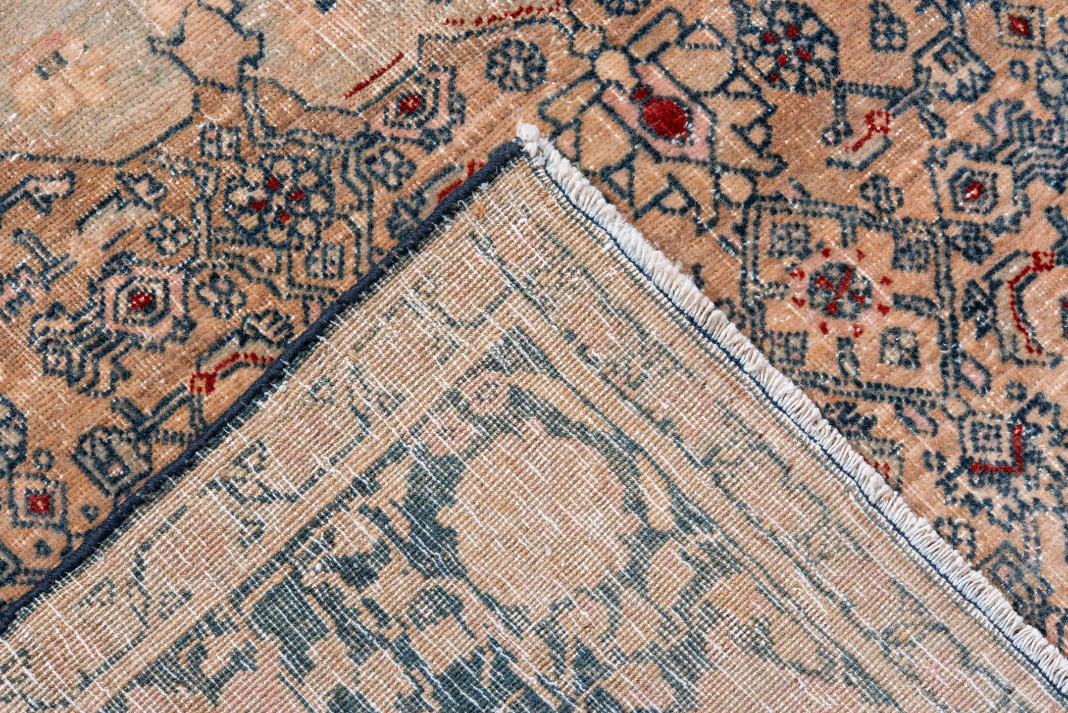 4' x 7' one-of-a-kind handmade vintage Bidjar rug. Color palette: blue, brown, dim gray, fiord, gray, off-white, orange