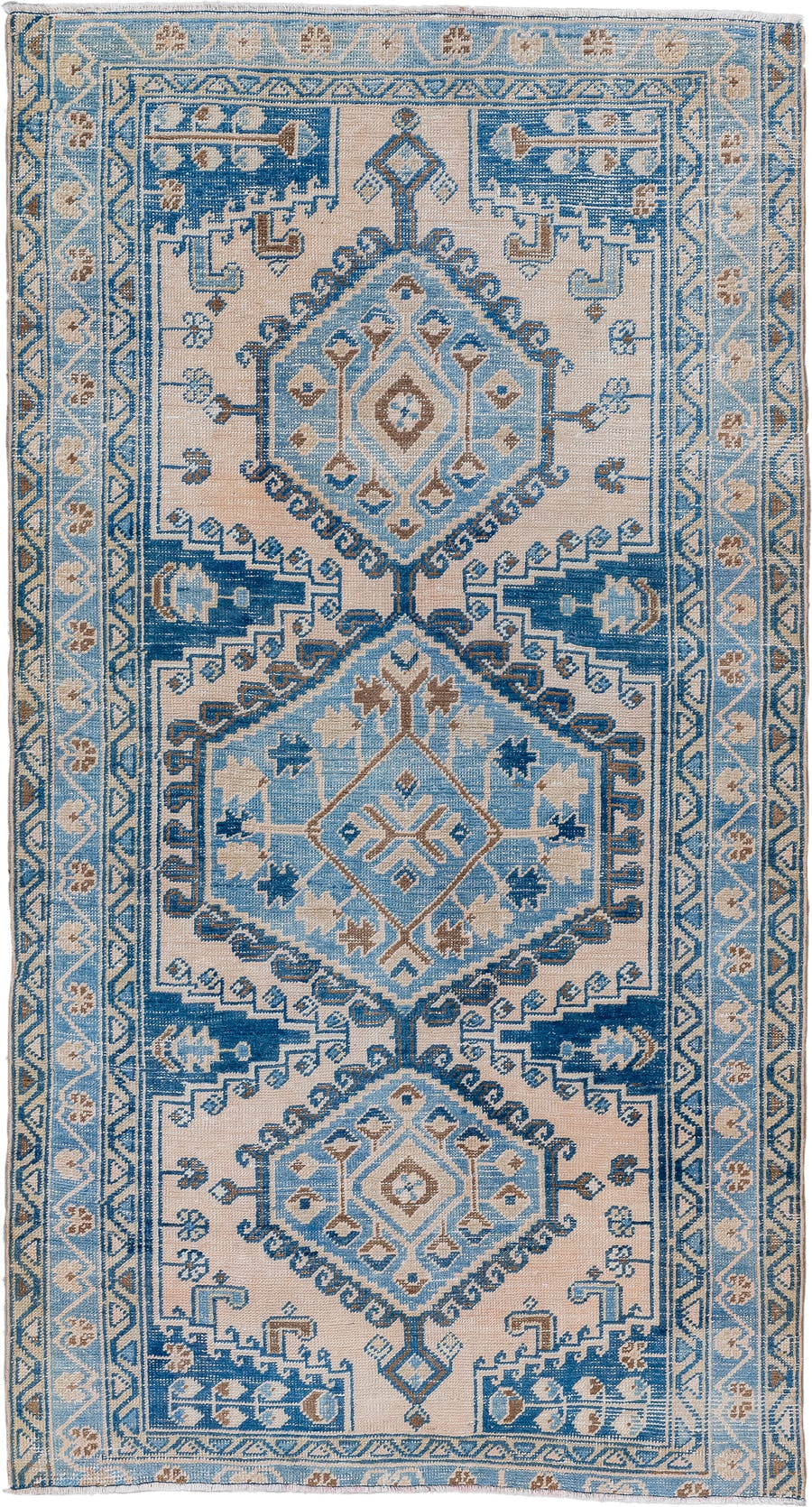 3' x 6' one-of-a-kind handmade vintage Veece small size rug. Color palette: ivory, sky blue, camel, navy, taupe, light blue