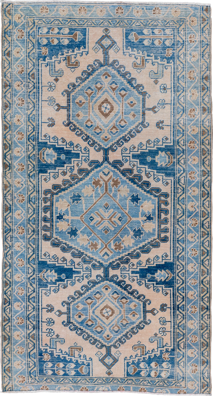 3' x 6' one-of-a-kind handmade vintage Veece small size rug. Color palette: ivory, sky blue, camel, navy, taupe, light blue