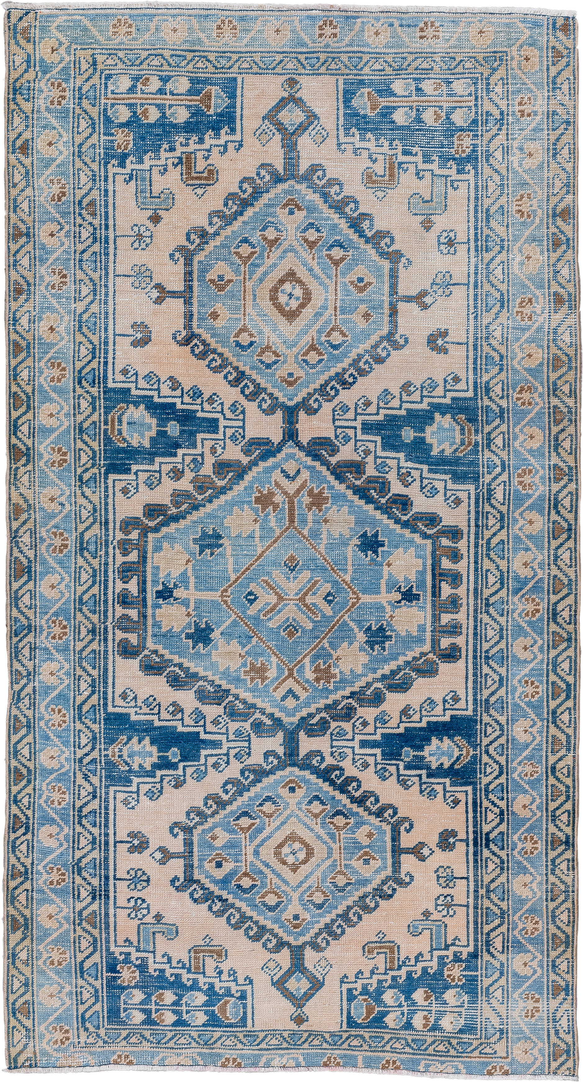 3' x 6' one-of-a-kind handmade vintage Veece small size rug. Color palette: ivory, sky blue, camel, navy, taupe, light blue
