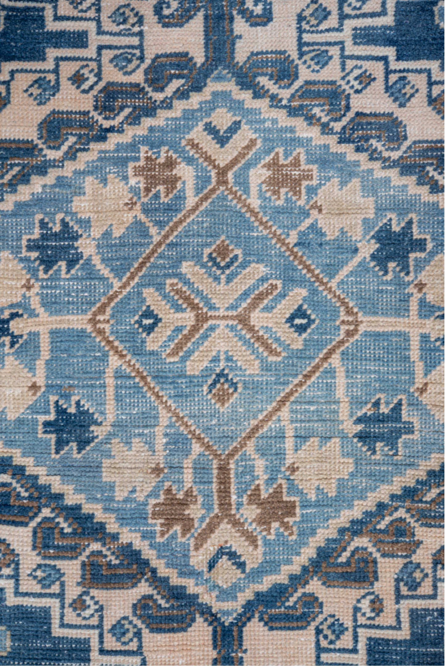 3' x 6' one-of-a-kind handmade vintage Veece small size rug. Color palette: arapawa, blue, brown, dim gray, gainsboro, gray