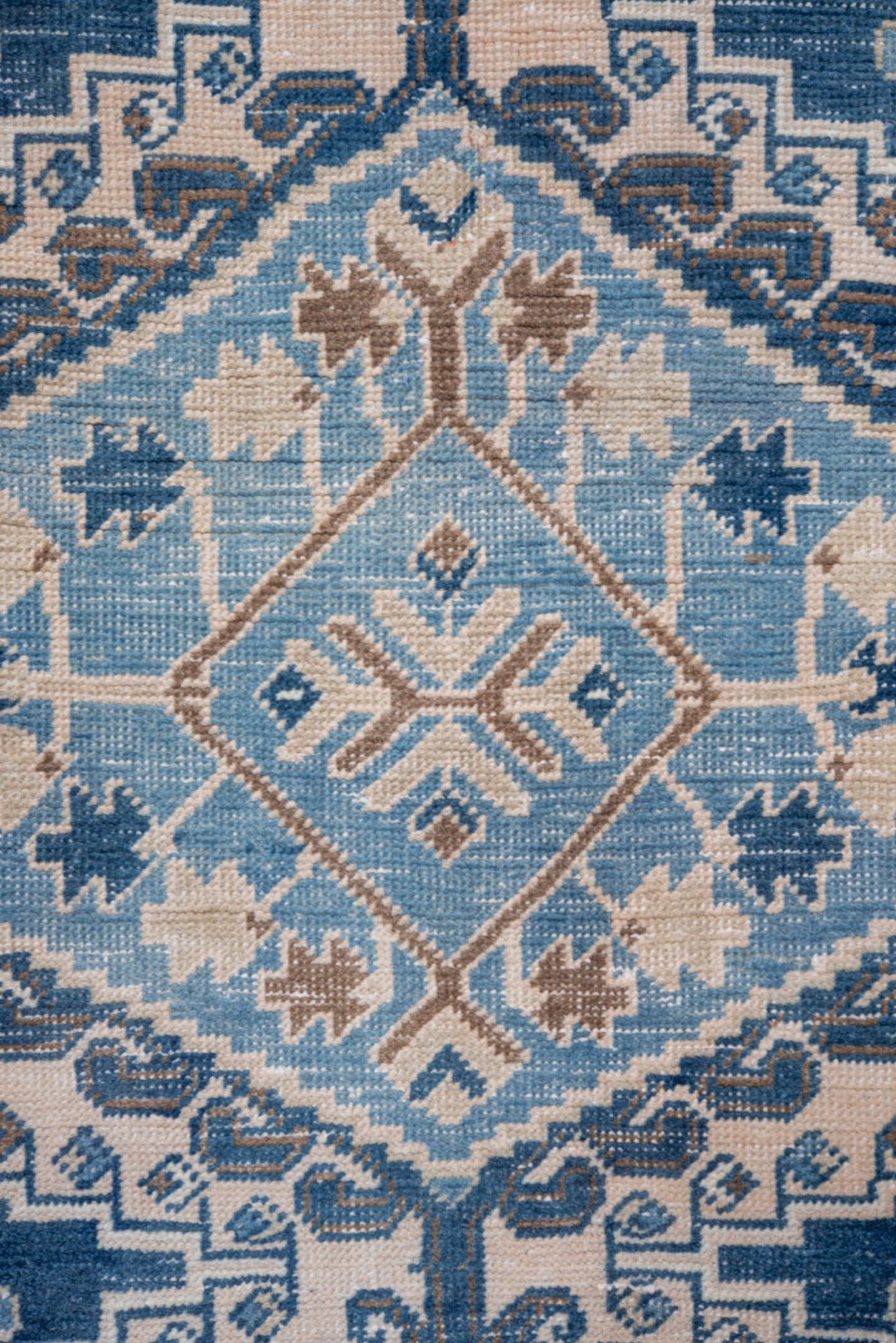 3' x 6' one-of-a-kind handmade vintage Veece small size rug. Color palette: ivory, sky blue, camel, navy, taupe, light blue