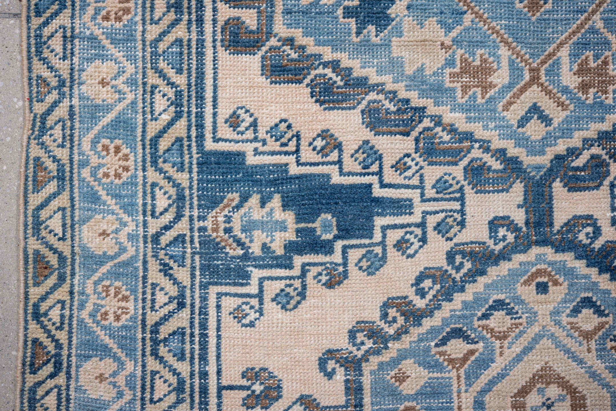 3' x 6' one-of-a-kind handmade vintage Veece small size rug. Color palette: ivory, sky blue, camel, navy, taupe, light blue