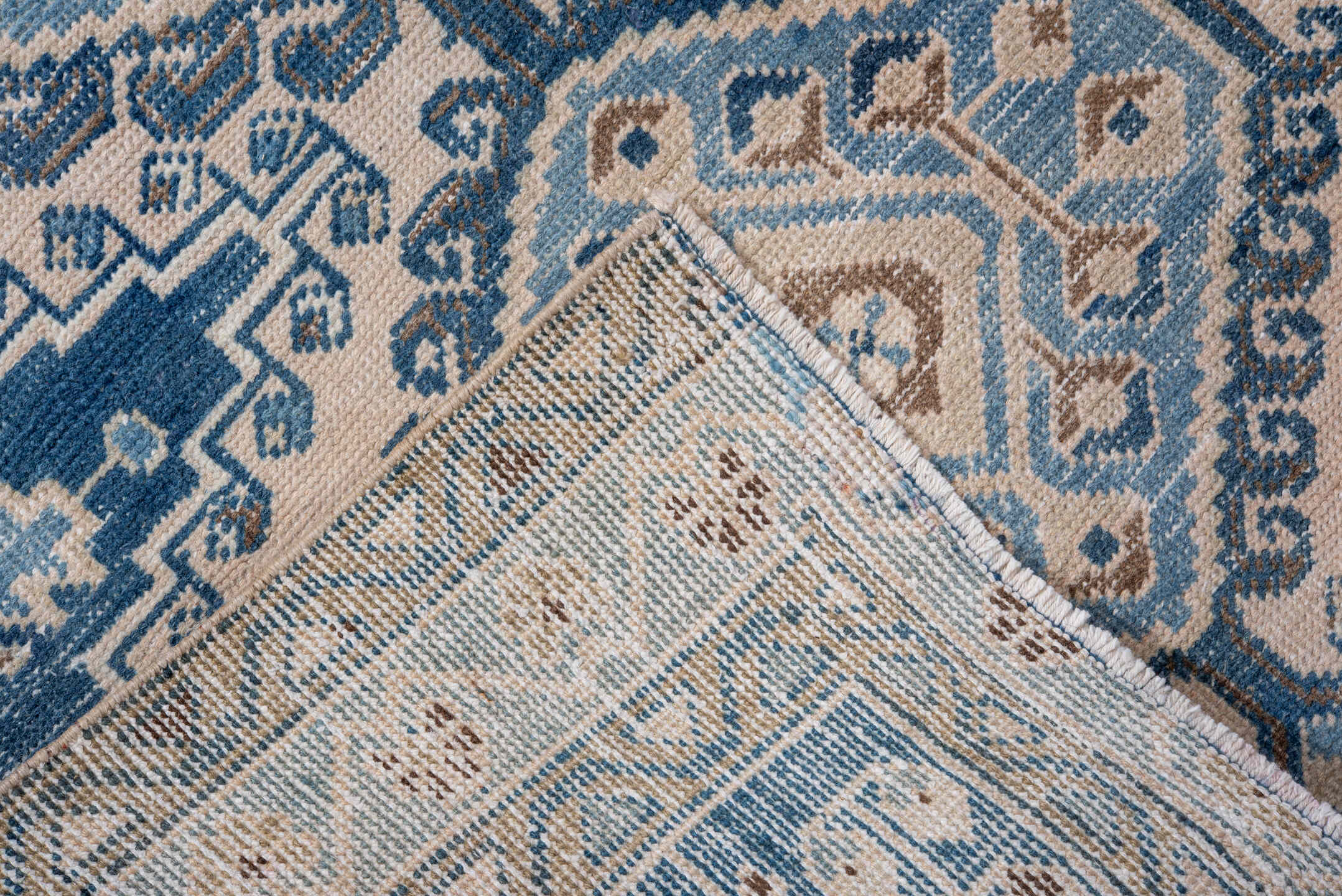 3' x 6' one-of-a-kind handmade vintage Veece small size rug. Color palette: ivory, sky blue, camel, navy, taupe, light blue