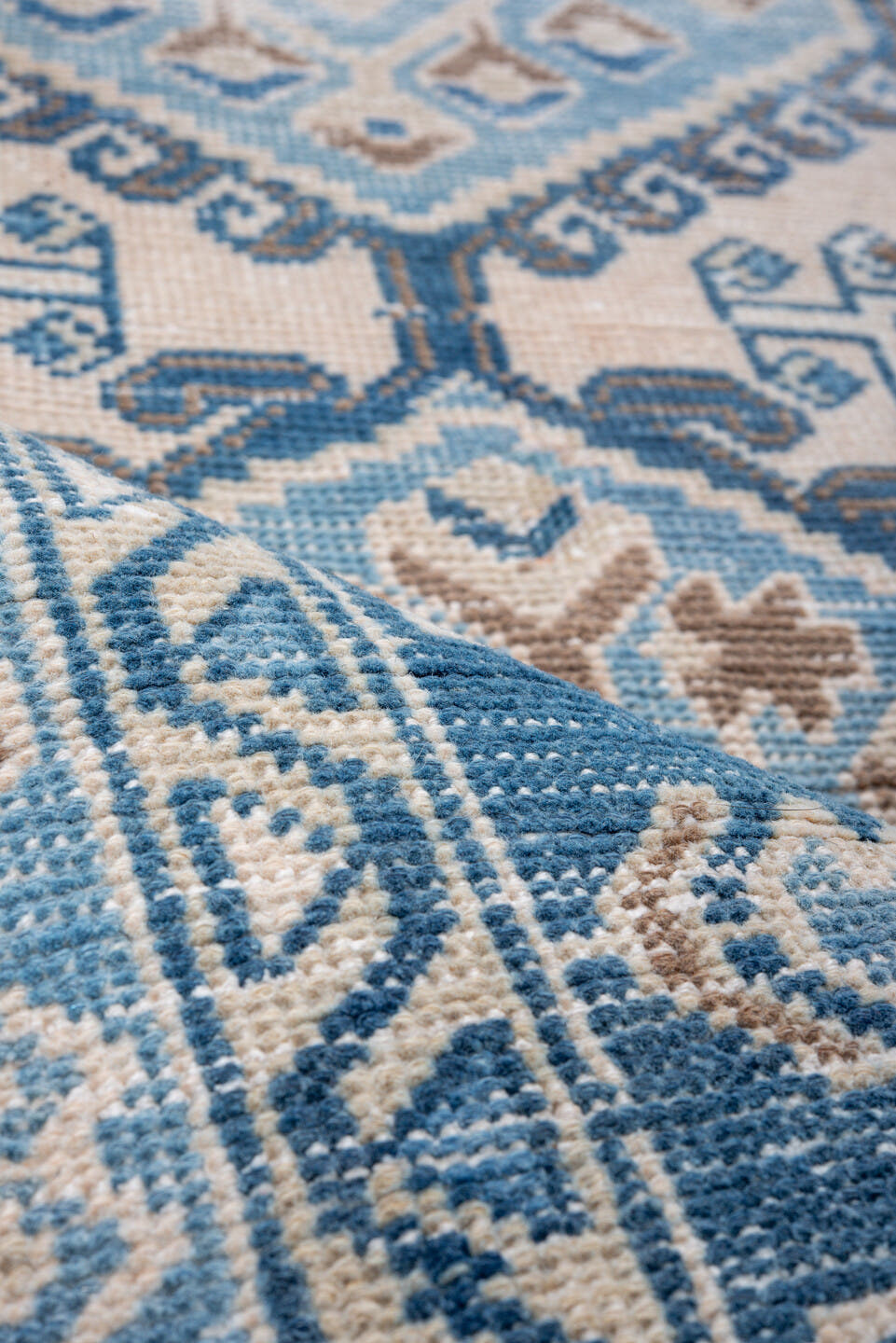 3' x 6' one-of-a-kind handmade vintage Veece small size rug. Color palette: ivory, sky blue, camel, navy, taupe, light blue