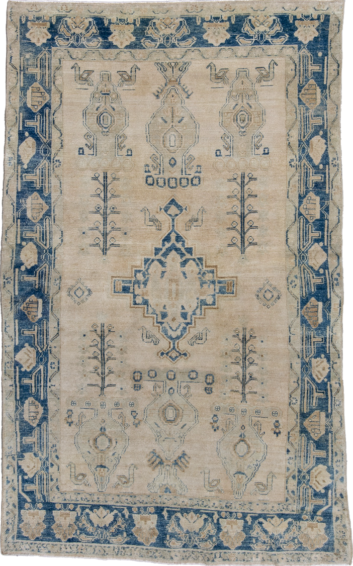 4' x 7' one-of-a-kind handmade vintage Afshar rug. Color palette: blue, brown, dark gray, fiord, gainsboro, gray, light gray
