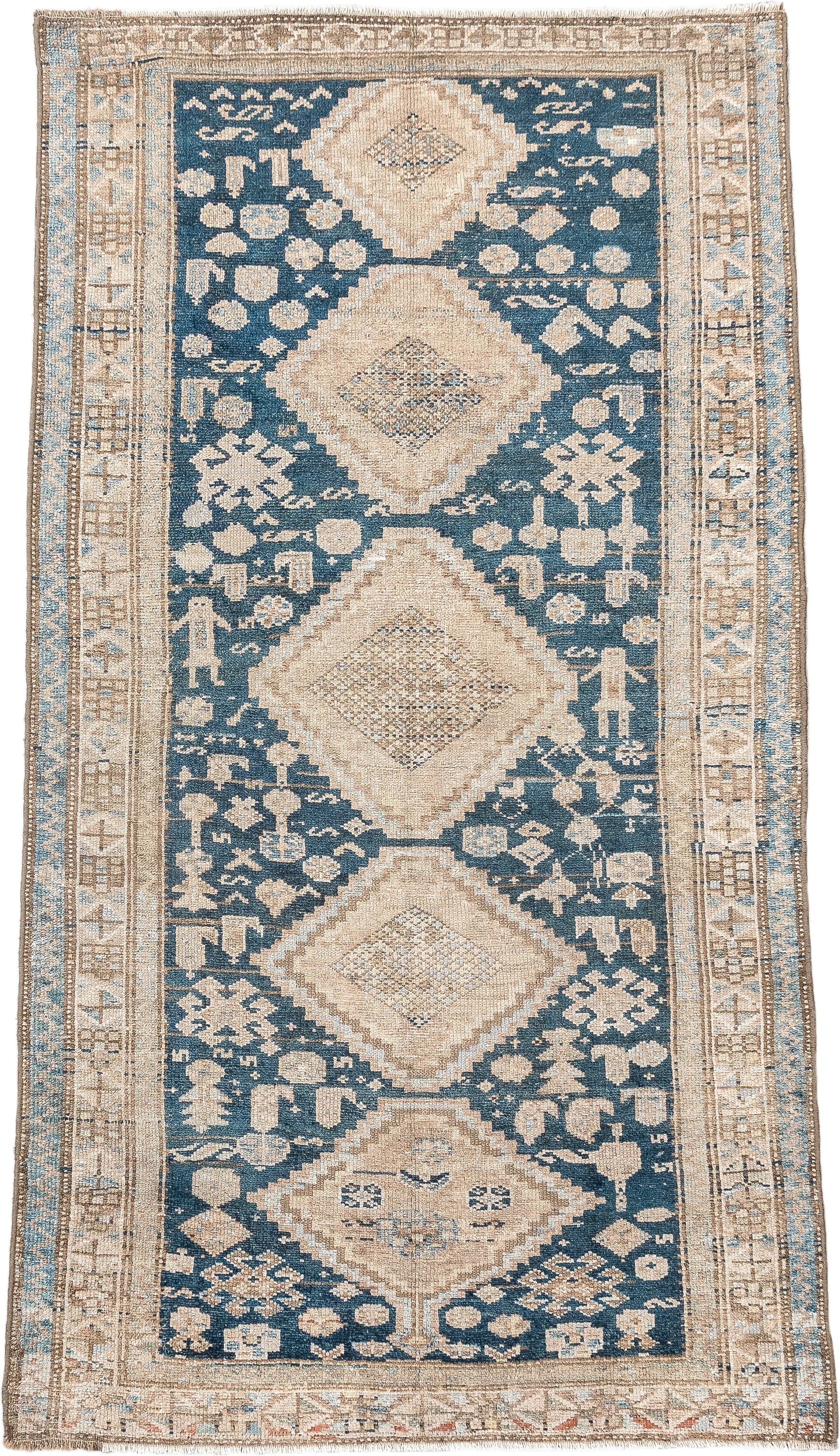 3' x 6' one-of-a-kind handmade antique Hamadan small size rug. Color palette: denim blue, ivory, beige, taupe, camel