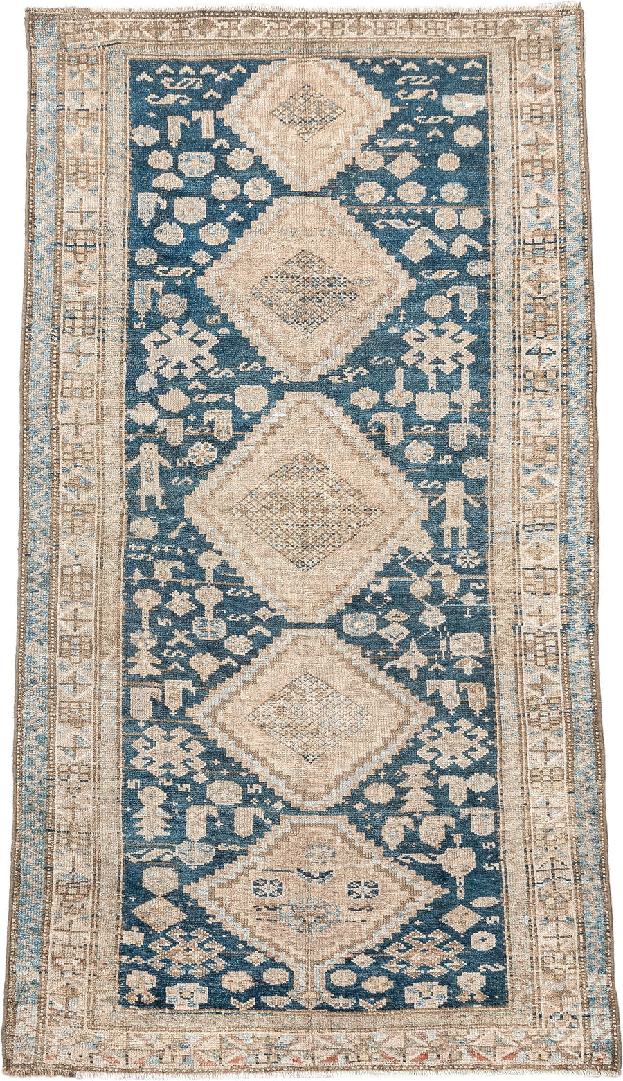 3' x 6' one-of-a-kind handmade antique Hamadan small size rug. Color palette: denim blue, ivory, beige, taupe, camel