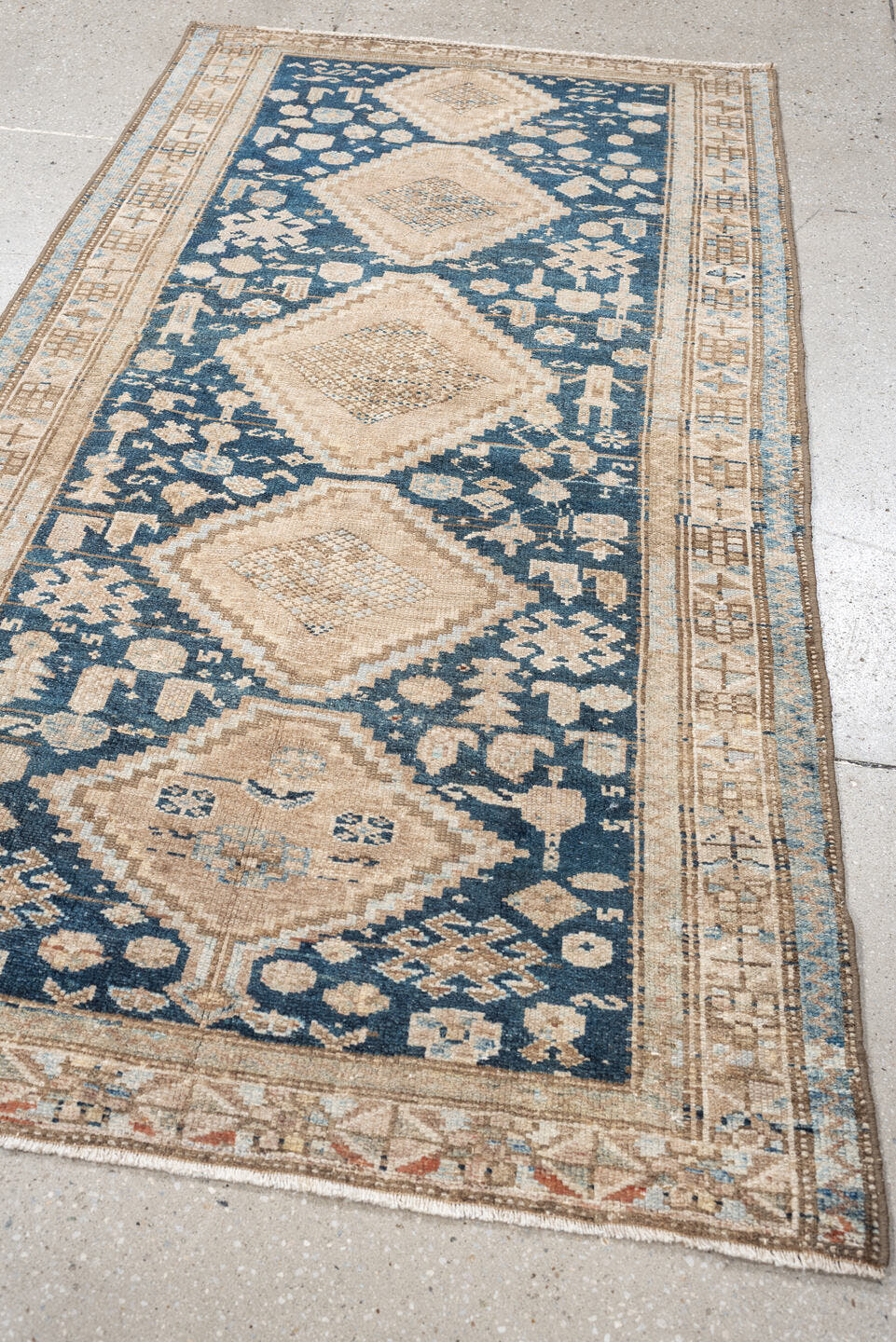 3' x 6' one-of-a-kind handmade antique Hamadan small size rug. Color palette: denim blue, ivory, beige, taupe, camel
