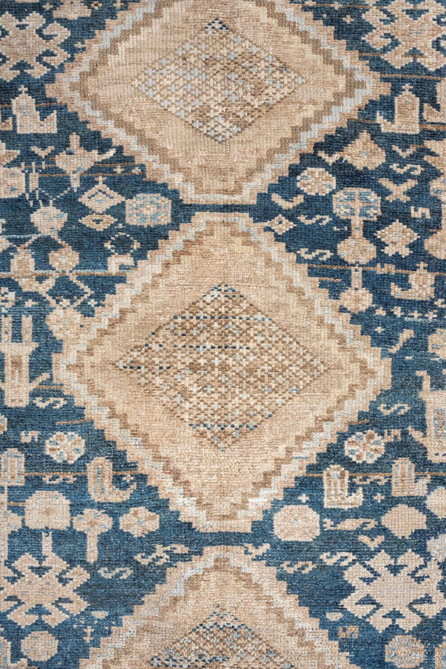 3' x 6' one-of-a-kind handmade antique Hamadan small size rug. Color palette: denim blue, ivory, beige, taupe, camel