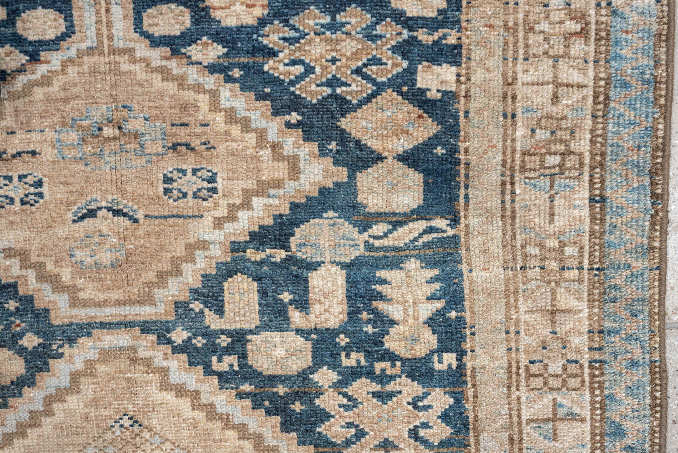 3' x 6' one-of-a-kind handmade antique Hamadan small size rug. Color palette: denim blue, ivory, beige, taupe, camel