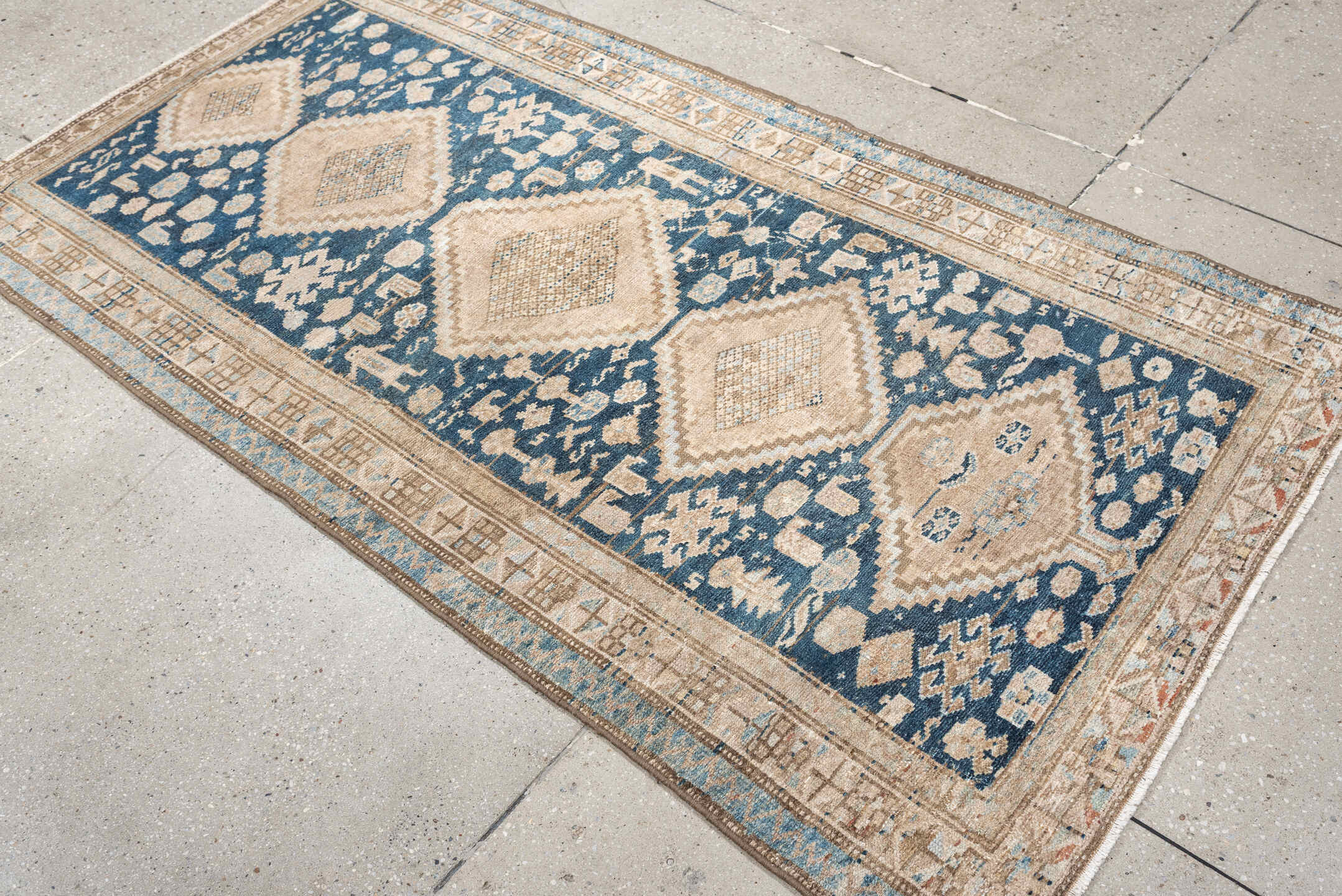 3' x 6' one-of-a-kind handmade antique Hamadan small size rug. Color palette: denim blue, ivory, beige, taupe, camel