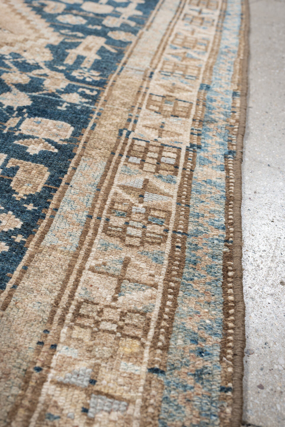 3' x 6' one-of-a-kind handmade antique Hamadan small size rug. Color palette: denim blue, ivory, beige, taupe, camel