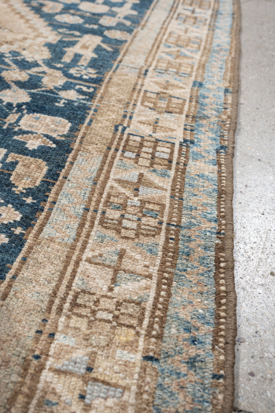 3' x 6' one-of-a-kind handmade antique Hamadan small size rug. Color palette: denim blue, ivory, beige, taupe, camel