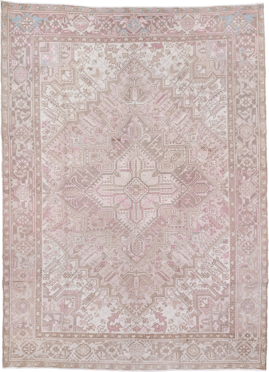 6' x 9' one-of-a-kind handmade antique Heriz medium size rug. Color palette: ivory, blush, taupe, pale blue, dusty rose