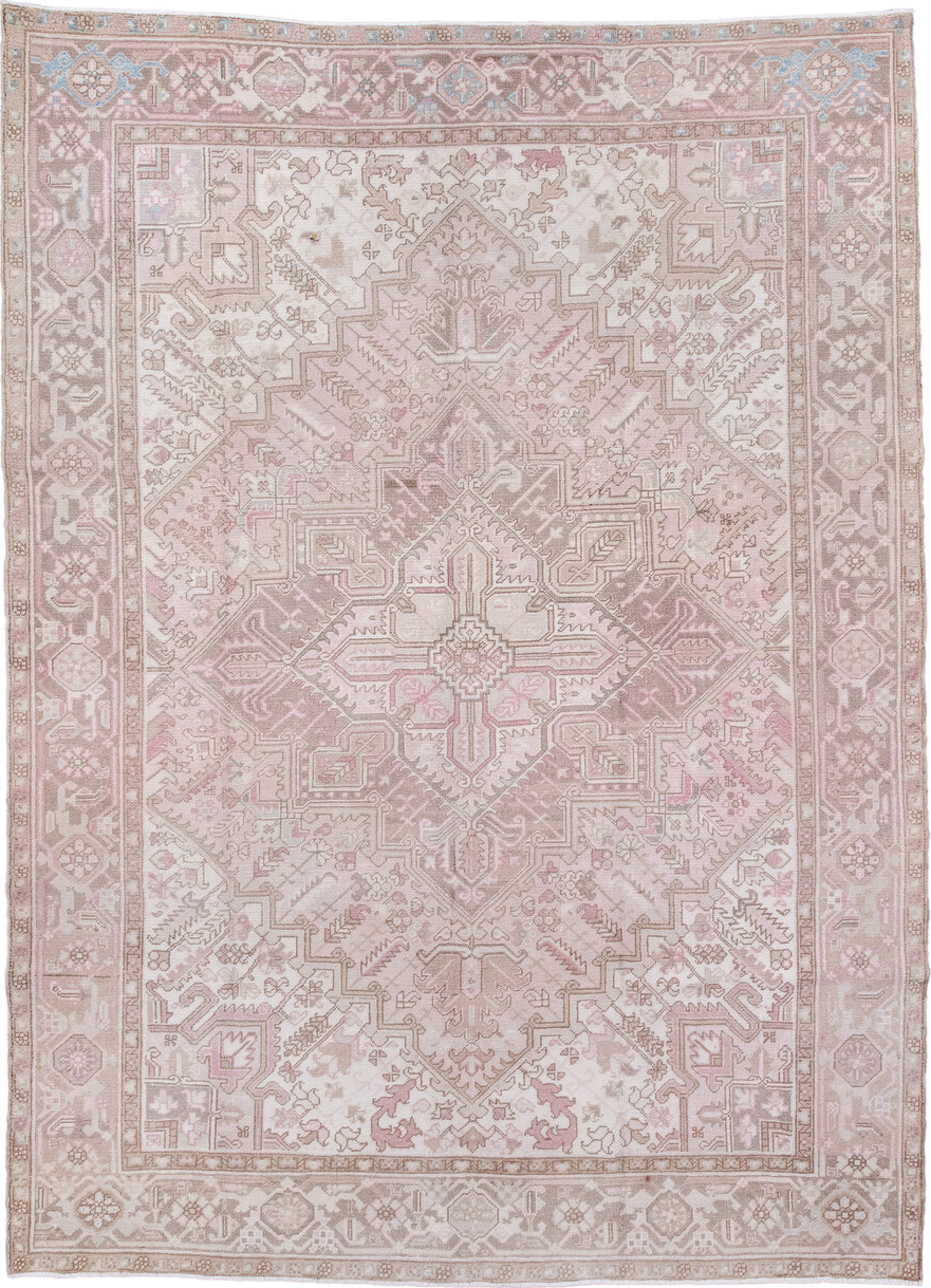 6' x 9' one-of-a-kind handmade antique Heriz medium size rug. Color palette: ivory, blush, taupe, pale blue, dusty rose