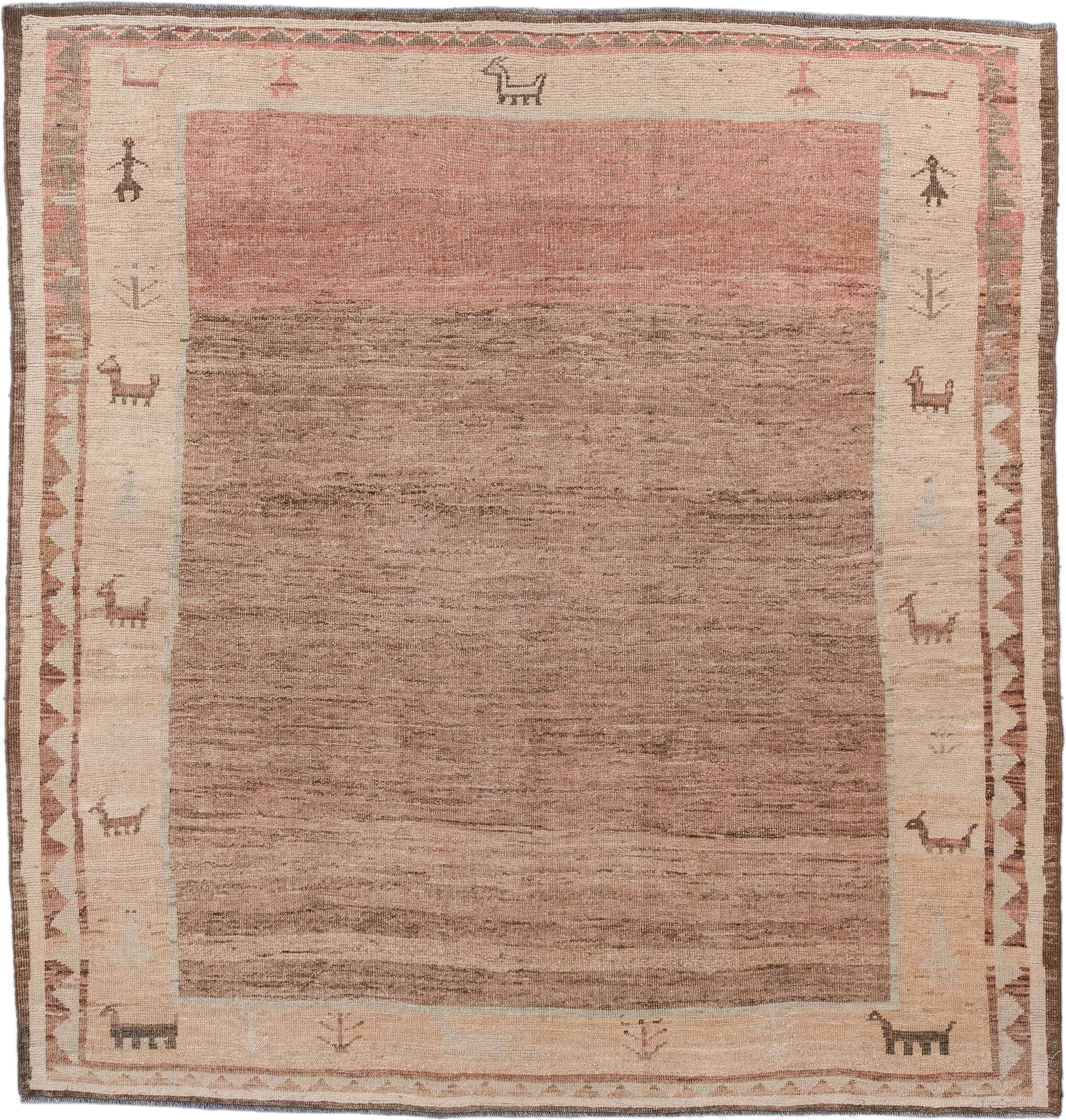 6' x 7' one-of-a-kind handmade vintage Gabbe rug. Color palette: taupe, rose, ivory, brown, camel, blush, beige, gray, pink