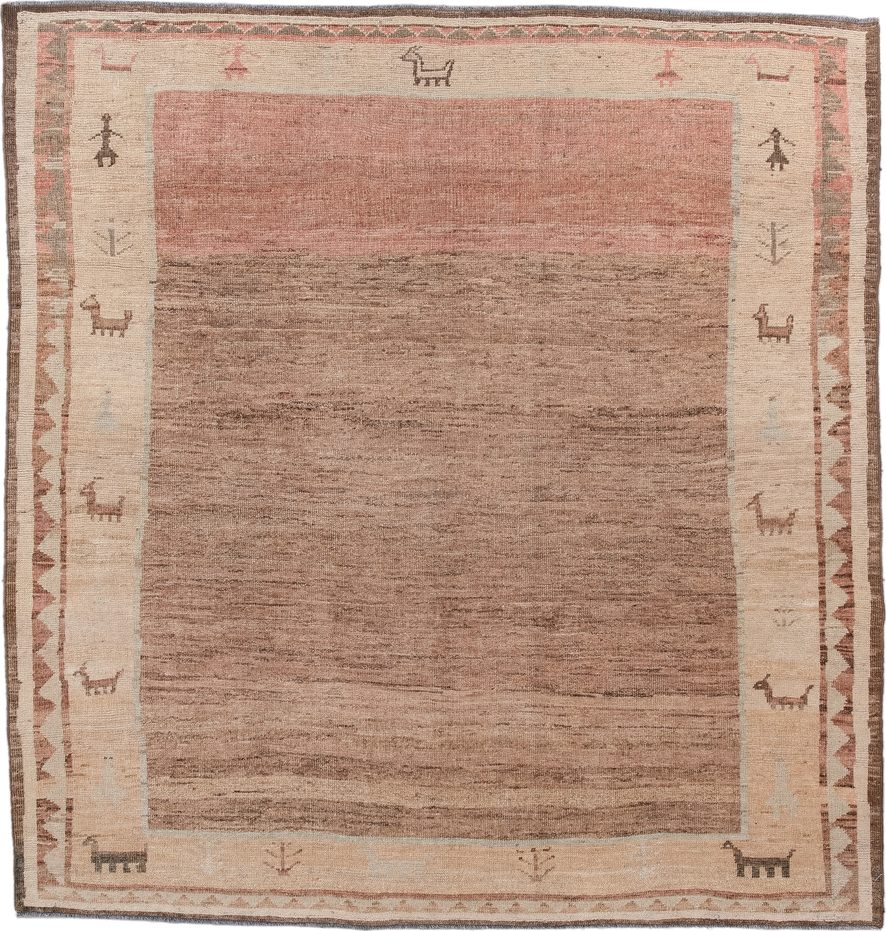 6' x 7' one-of-a-kind handmade vintage Gabbe rug. Color palette: taupe, rose, ivory, brown, camel, blush, beige, gray, pink