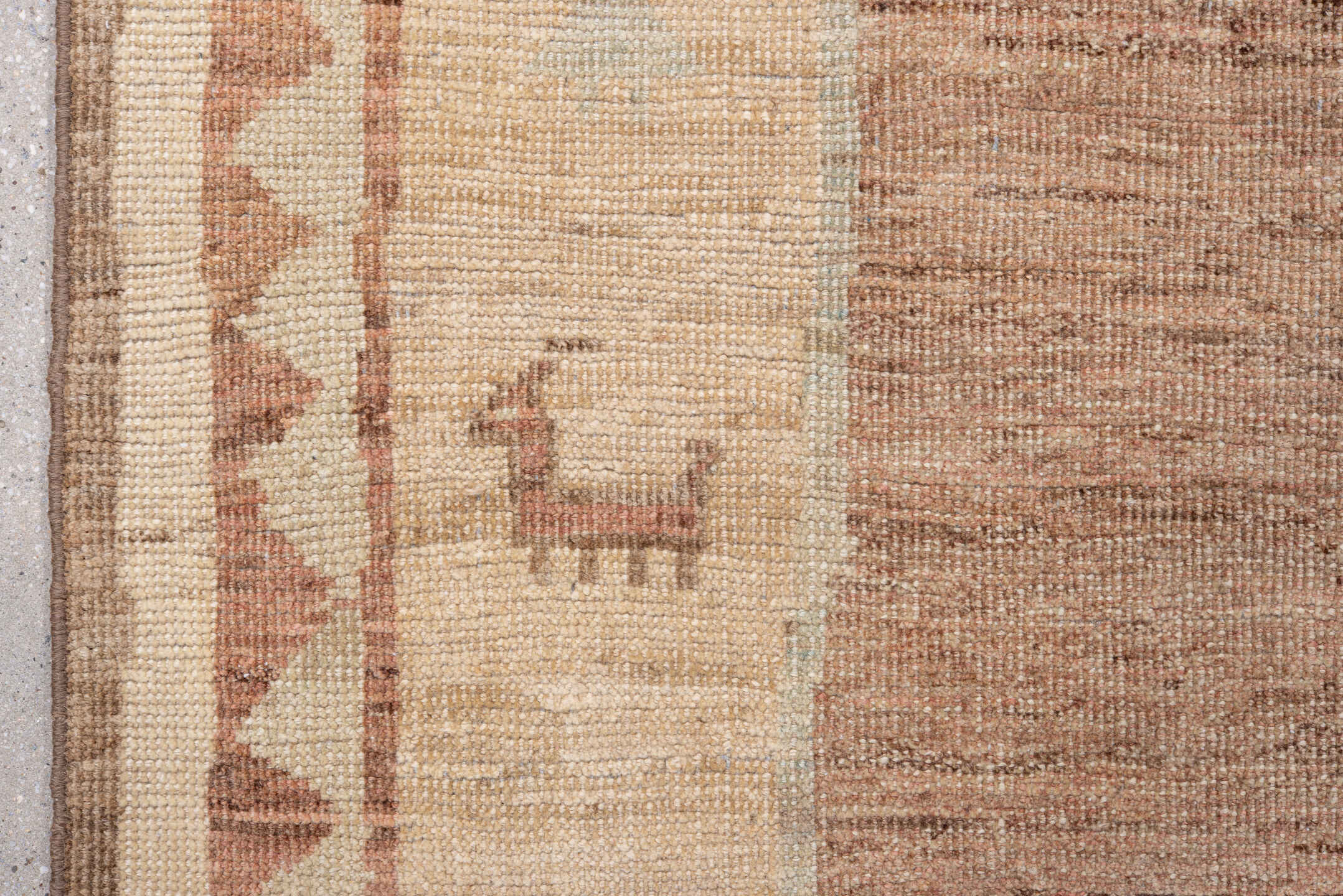 6' x 7' one-of-a-kind handmade vintage Gabbe rug. Color palette: brown, gray, off-white, orange, pink