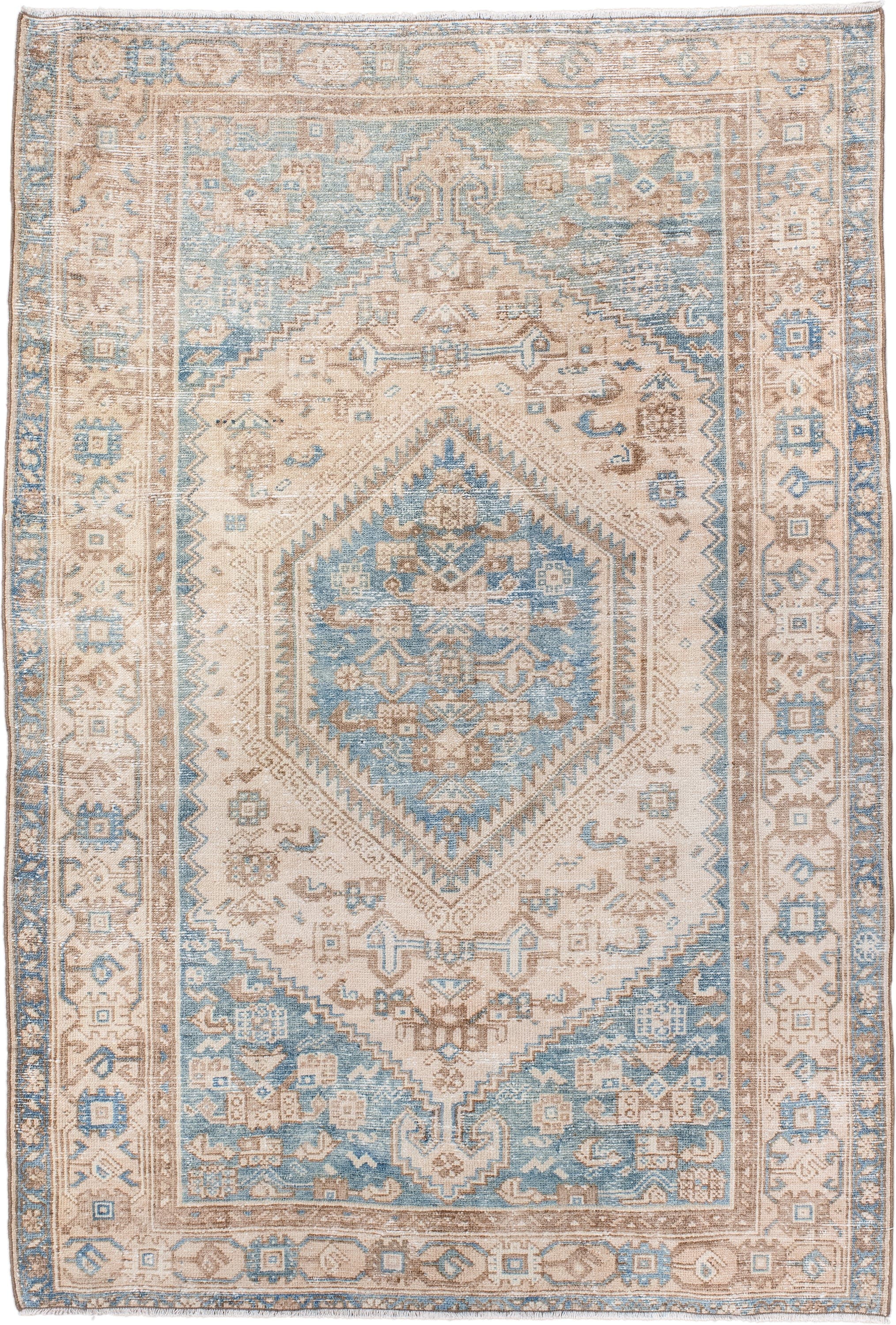 4' x 6' one-of-a-kind handmade vintage Hamadan small size rug. Color palette: ivory, sky blue, beige, taupe, camel