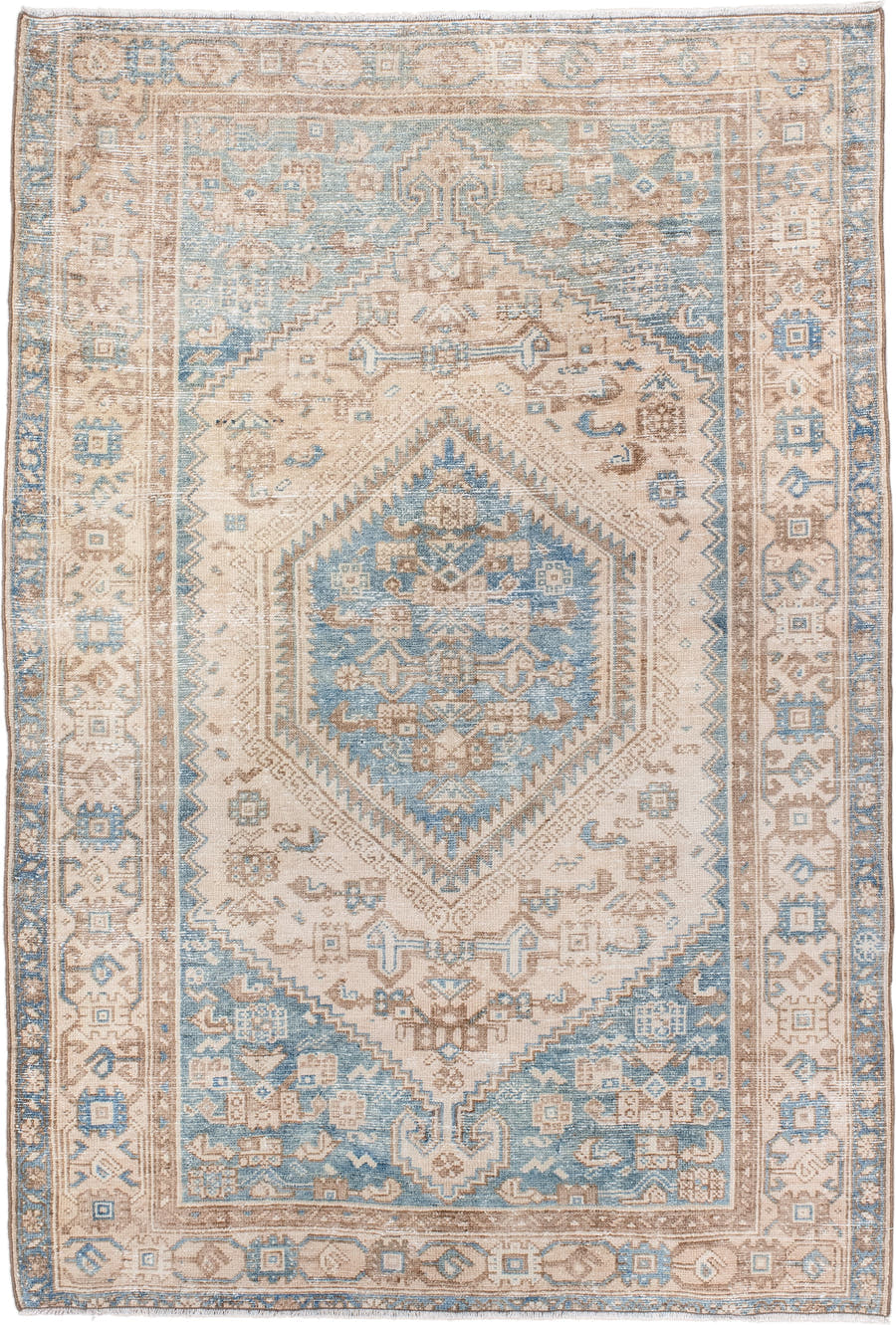 4' x 6' one-of-a-kind handmade vintage Hamadan small size rug. Color palette: ivory, sky blue, beige, taupe, camel