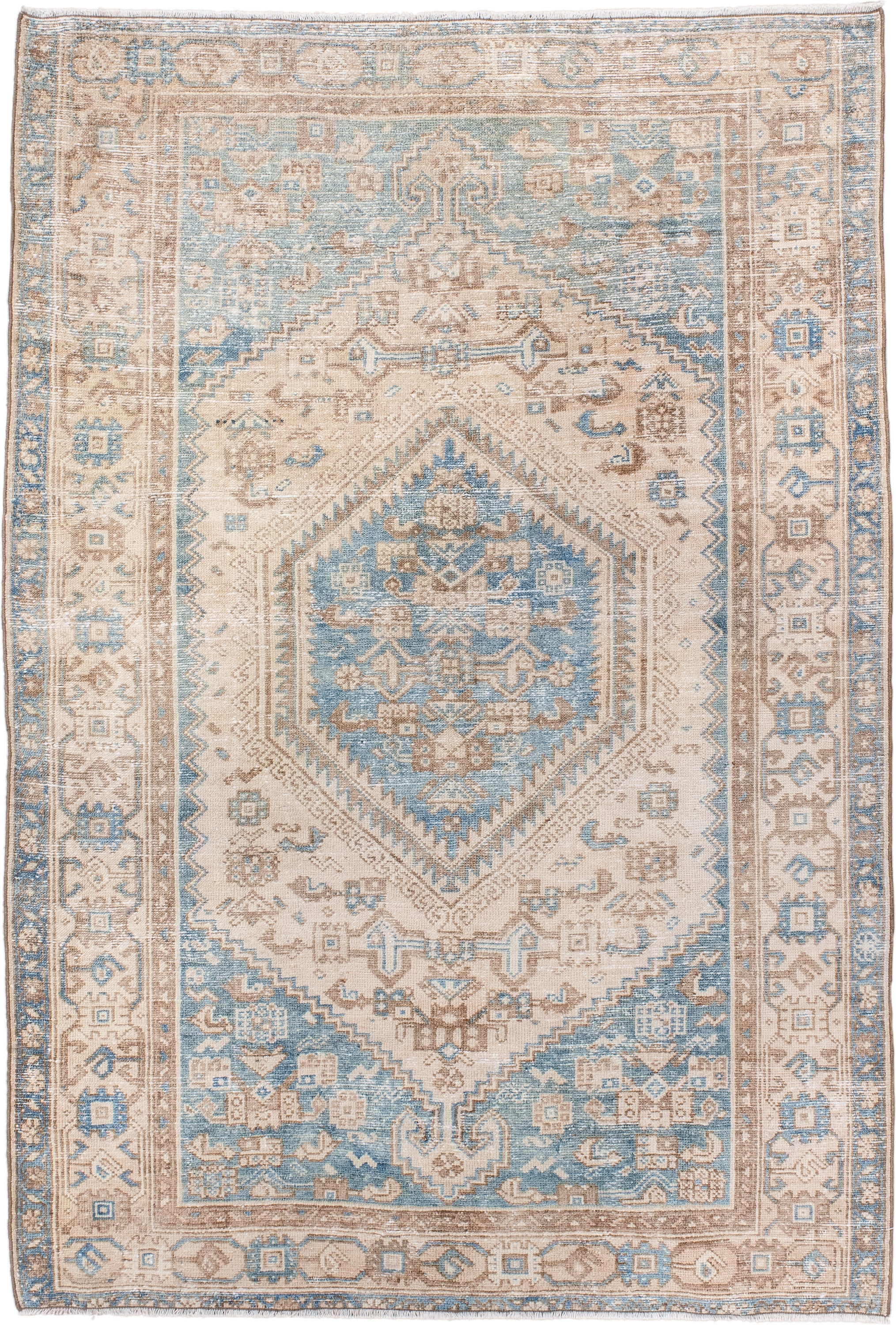 4' x 6' one-of-a-kind handmade vintage Hamadan small size rug. Color palette: ivory, sky blue, beige, taupe, camel