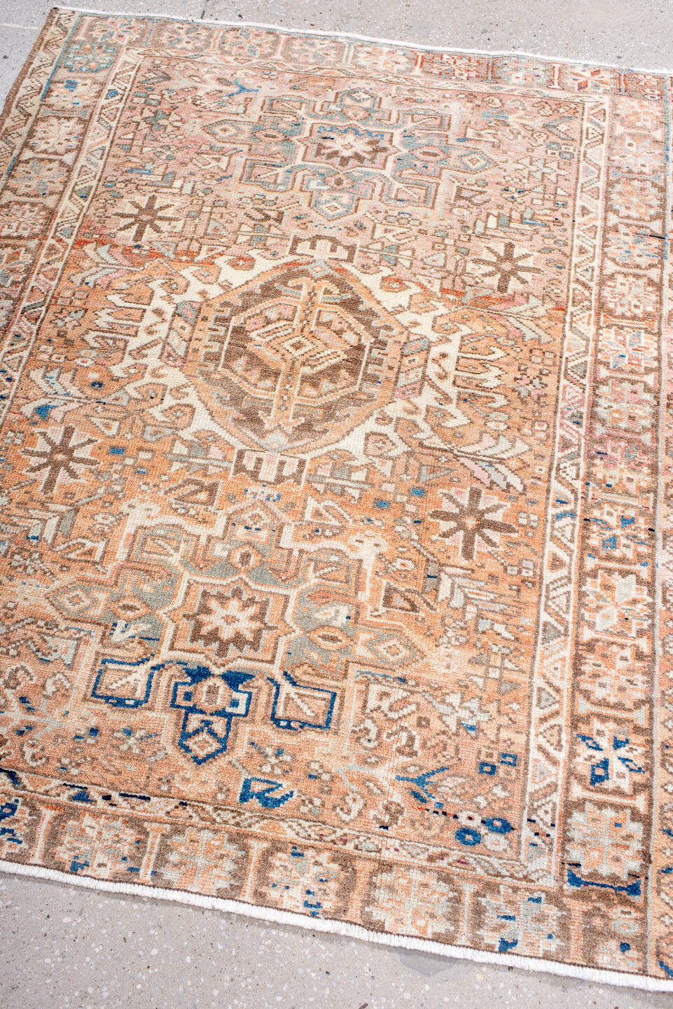 3' x 4' one-of-a-kind handmade antique Malayer small size rug. Color palette: blush, ivory, camel, taupe, sky_blue, brown