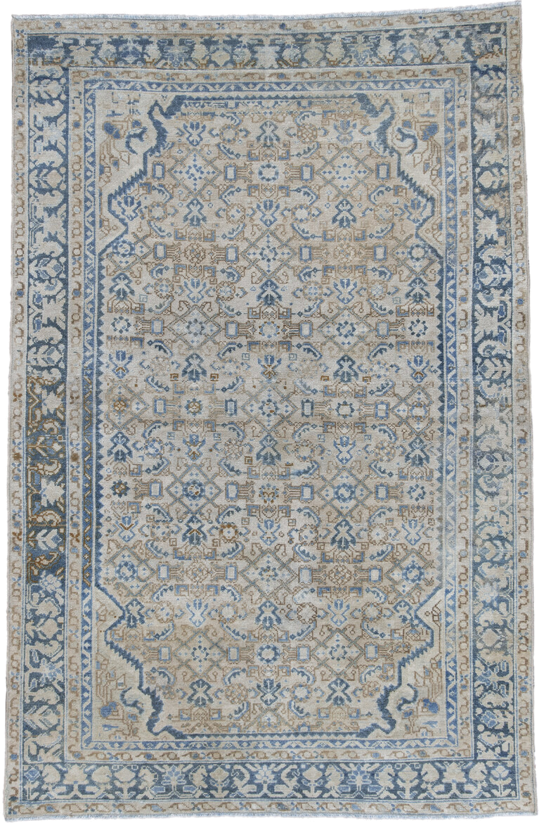 4' x 6' one-of-a-kind handmade antique Malayer small size rug. Color palette: ivory, powder_blue, slate_blue, beige, taupe
