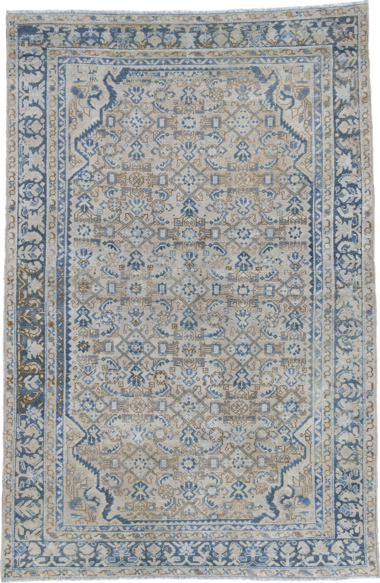 4' x 6' one-of-a-kind handmade antique Malayer small size rug. Color palette: ivory, powder_blue, slate_blue, beige, taupe