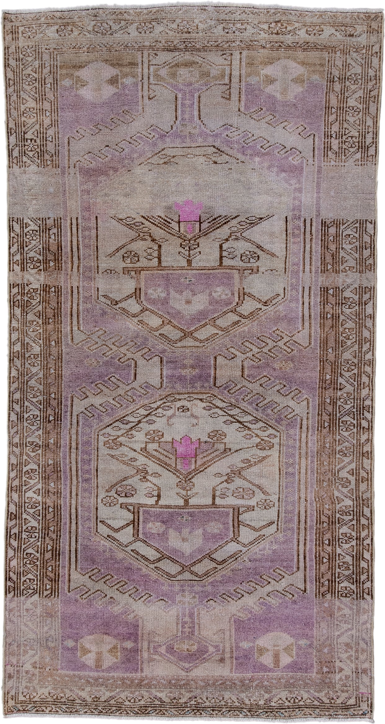 3' x 6' one-of-a-kind handmade antique Malayer small size rug. Color palette: taupe, lavender, ivory, brown, rose, beige