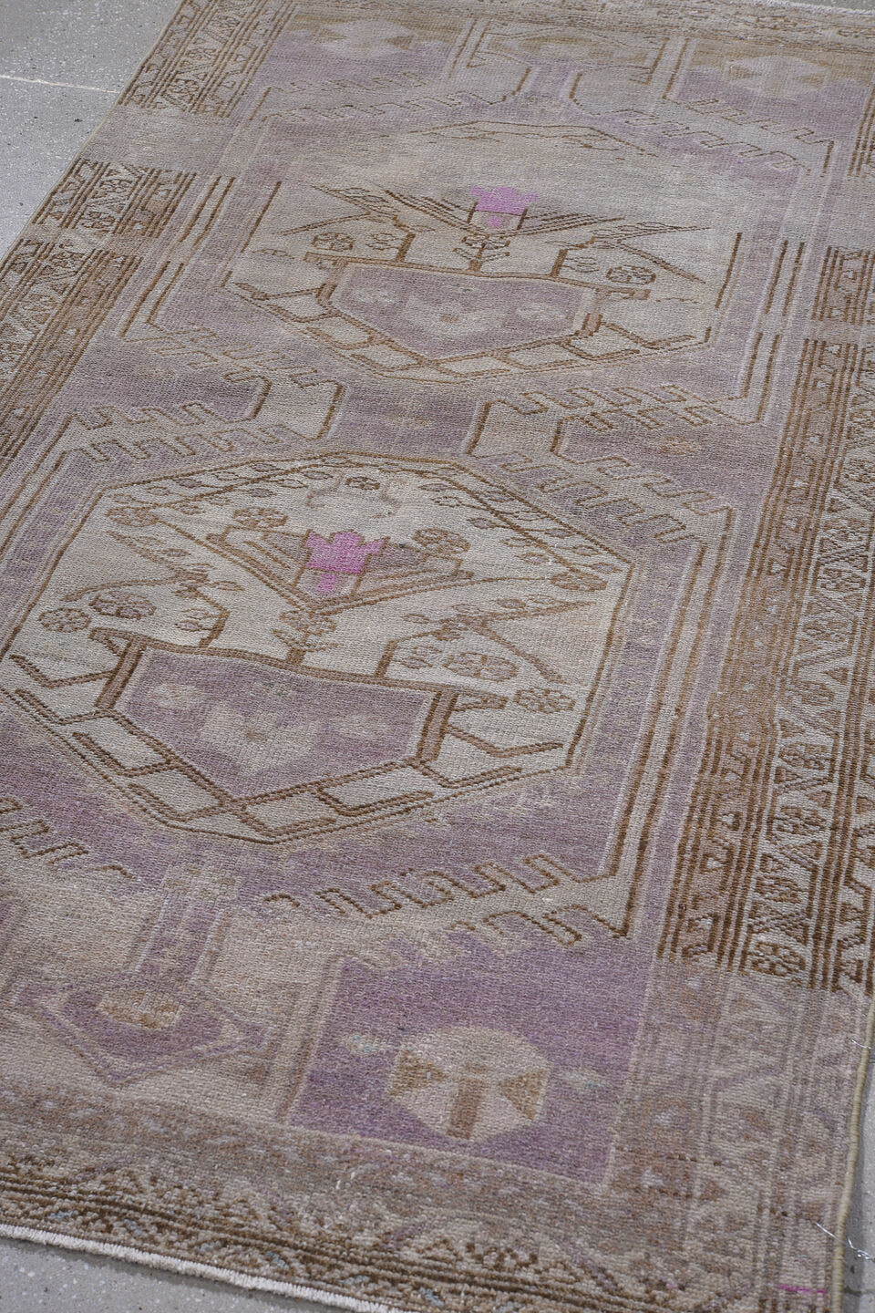 3' x 6' one-of-a-kind handmade antique Malayer small size rug. Color palette: taupe, lavender, ivory, brown, rose, beige