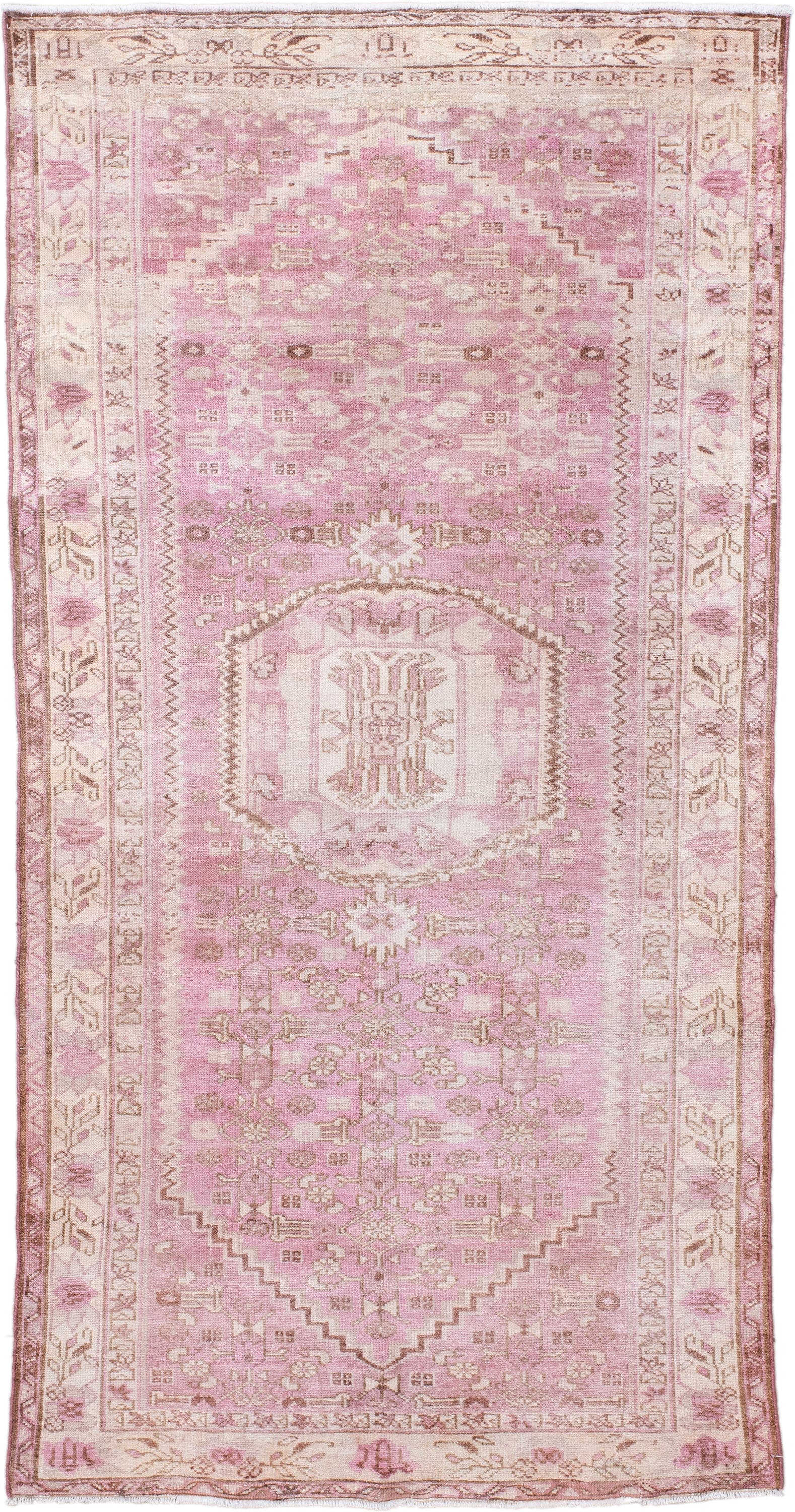 3' x 6' one-of-a-kind handmade vintage Malayer small size rug. Color palette: blush, ivory, rose, taupe, dusty pink, camel
