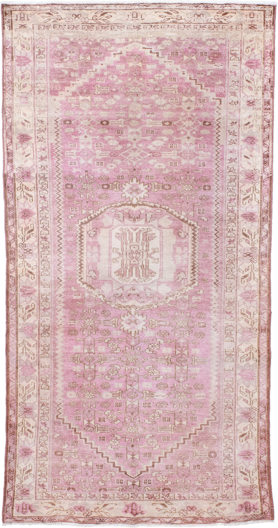 3' x 6' one-of-a-kind handmade vintage Malayer small size rug. Color palette: blush, ivory, rose, taupe, dusty pink, camel