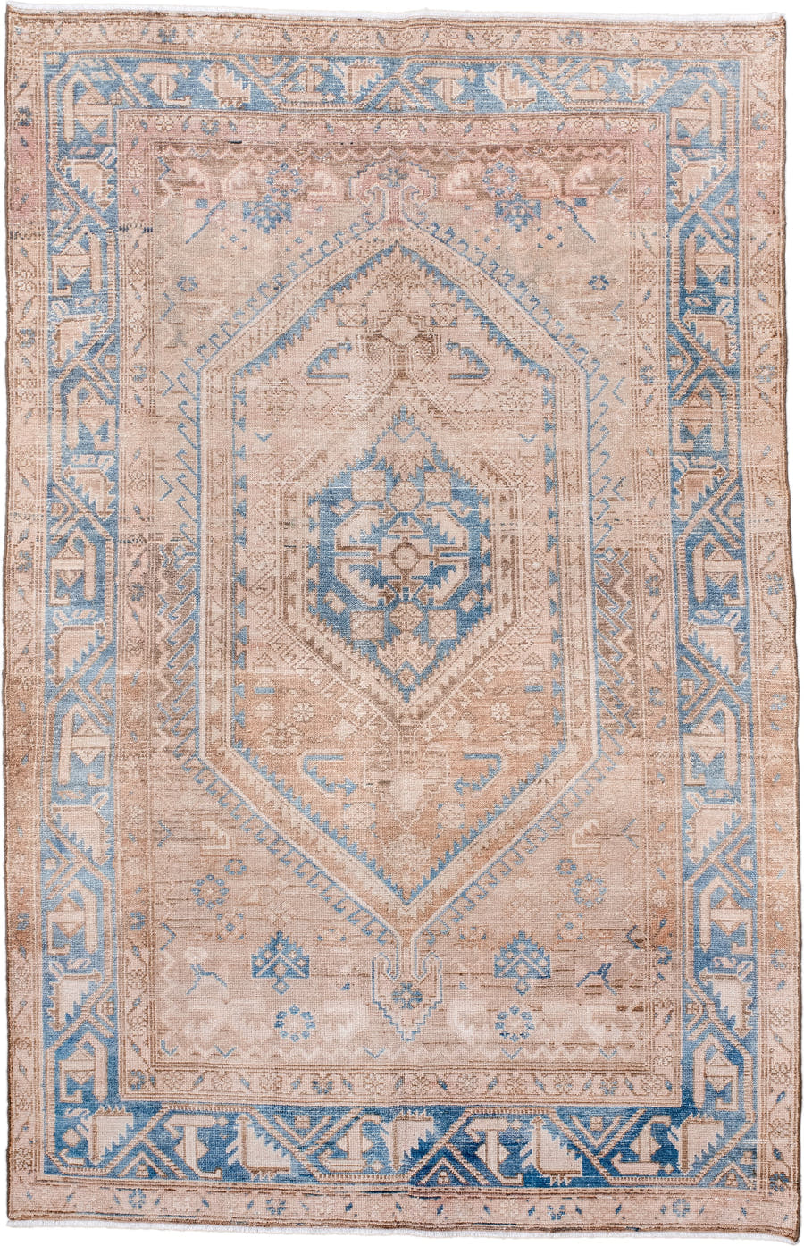 4' x 6' one-of-a-kind handmade vintage Malayer small size rug. Color palette: beige, sky blue, ivory, taupe, camel