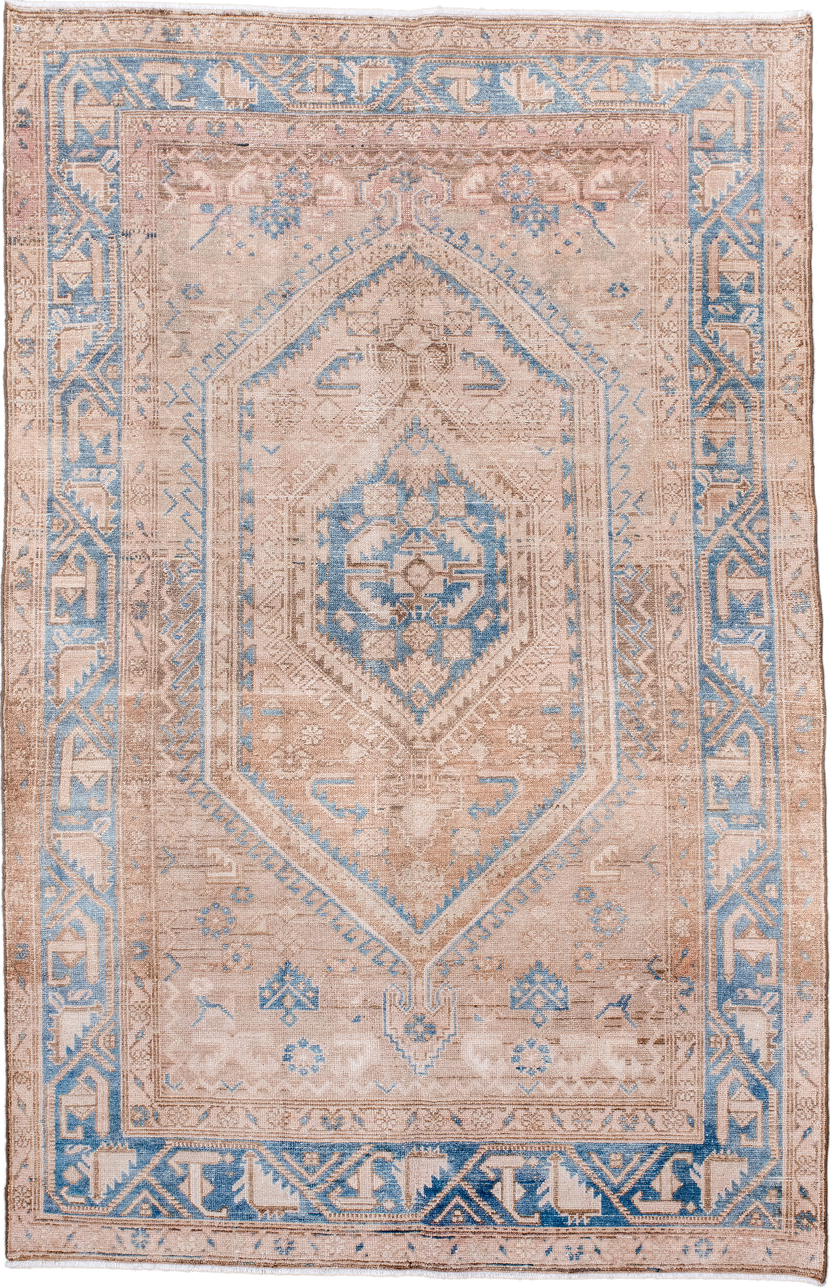 4' x 6' one-of-a-kind handmade vintage Malayer small size rug. Color palette: beige, sky blue, ivory, taupe, camel