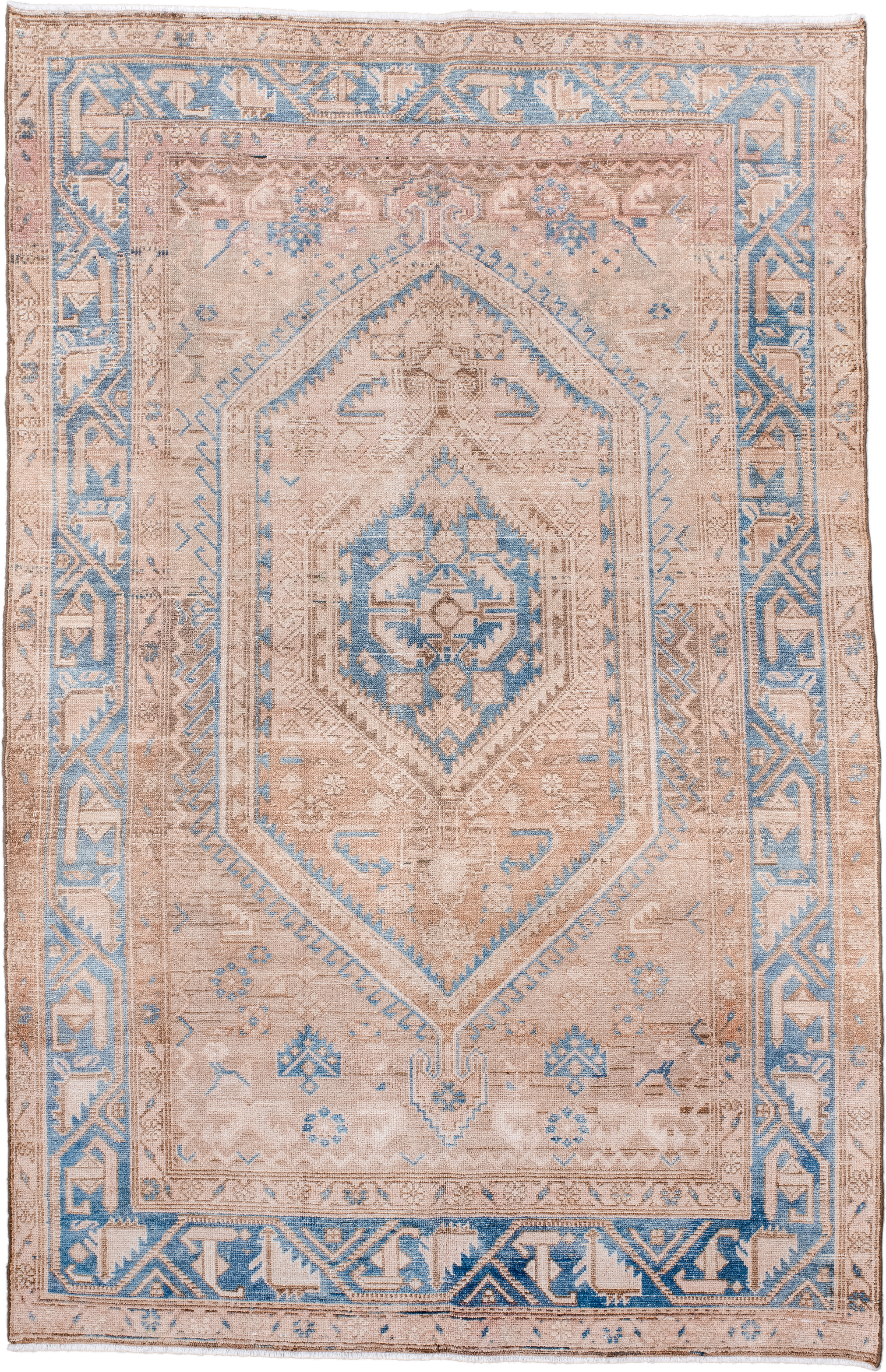 4' x 6' one-of-a-kind handmade vintage Malayer small size rug. Color palette: beige, sky blue, ivory, taupe, camel