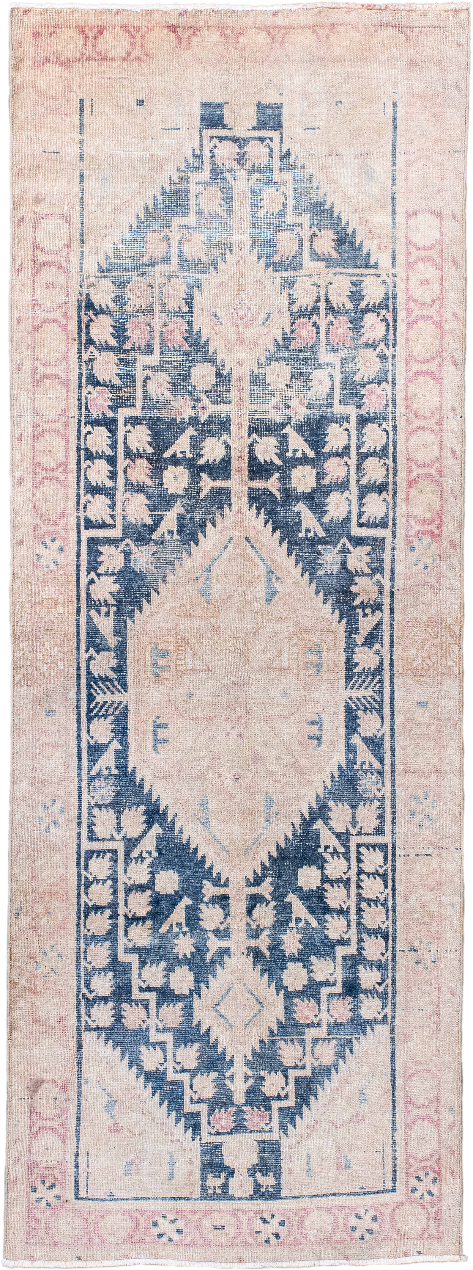 2' x 6' one-of-a-kind handmade antique Sivas runner rug. Color palette: blush, ivory, indigo, pale pink, cream, sky blue