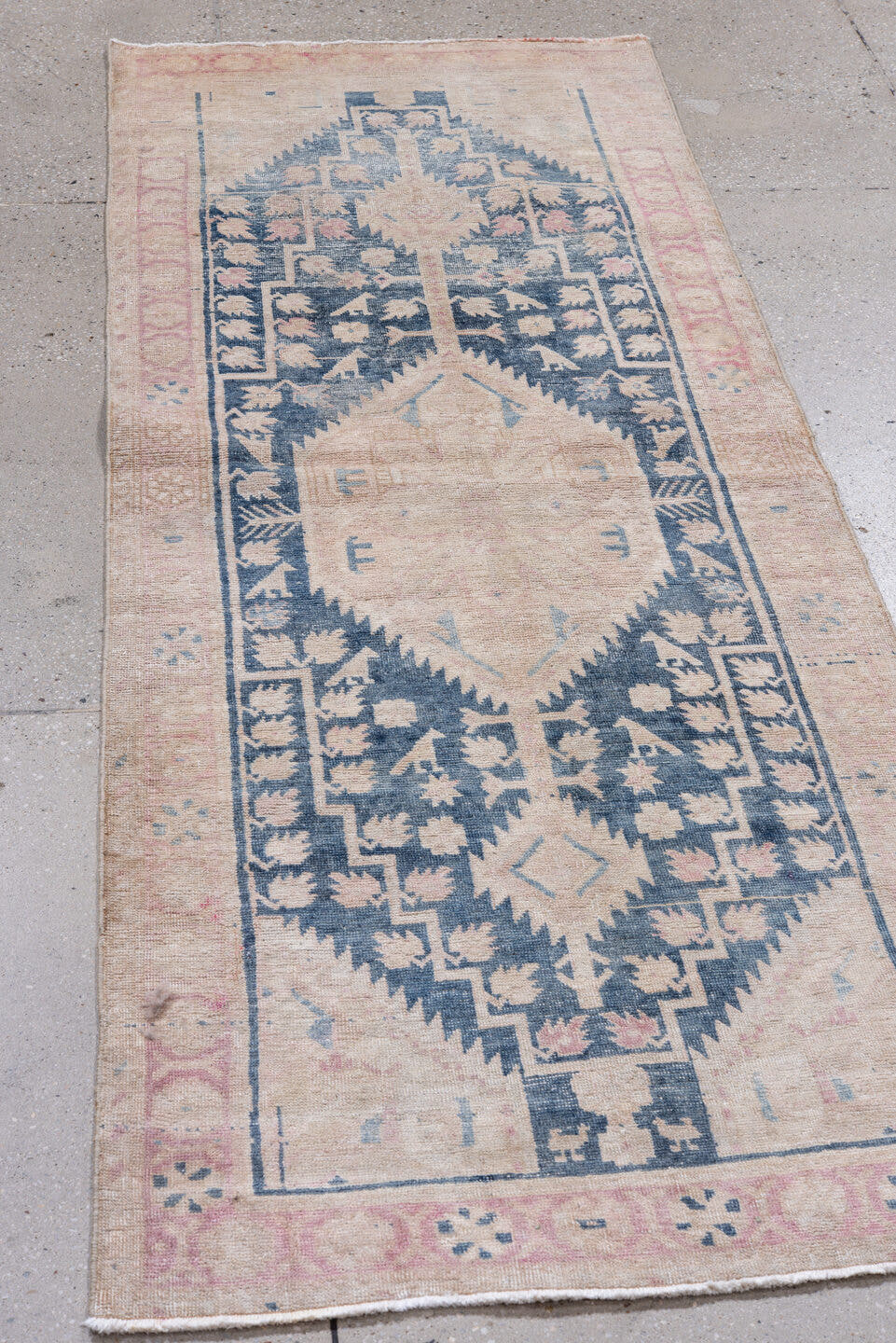 2' x 6' one-of-a-kind handmade antique Sivas runner rug. Color palette: blush, ivory, indigo, pale pink, cream, sky blue