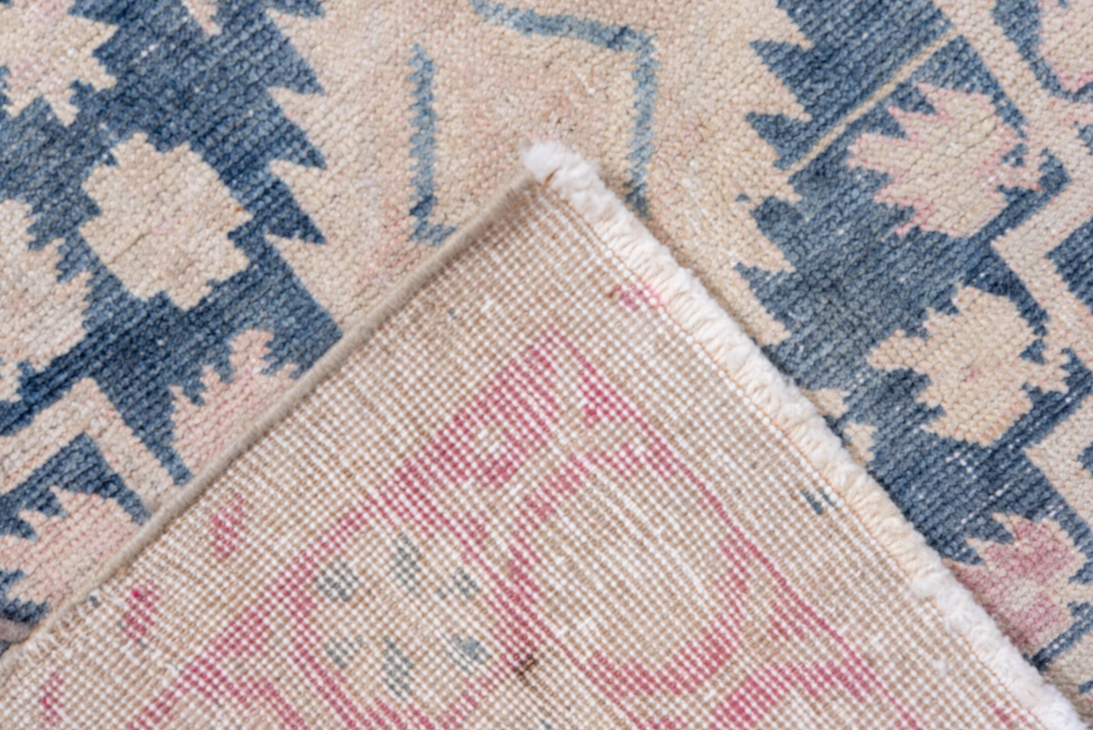 2' x 6' one-of-a-kind handmade antique Sivas runner rug. Color palette: blush, ivory, indigo, pale pink, cream, sky blue