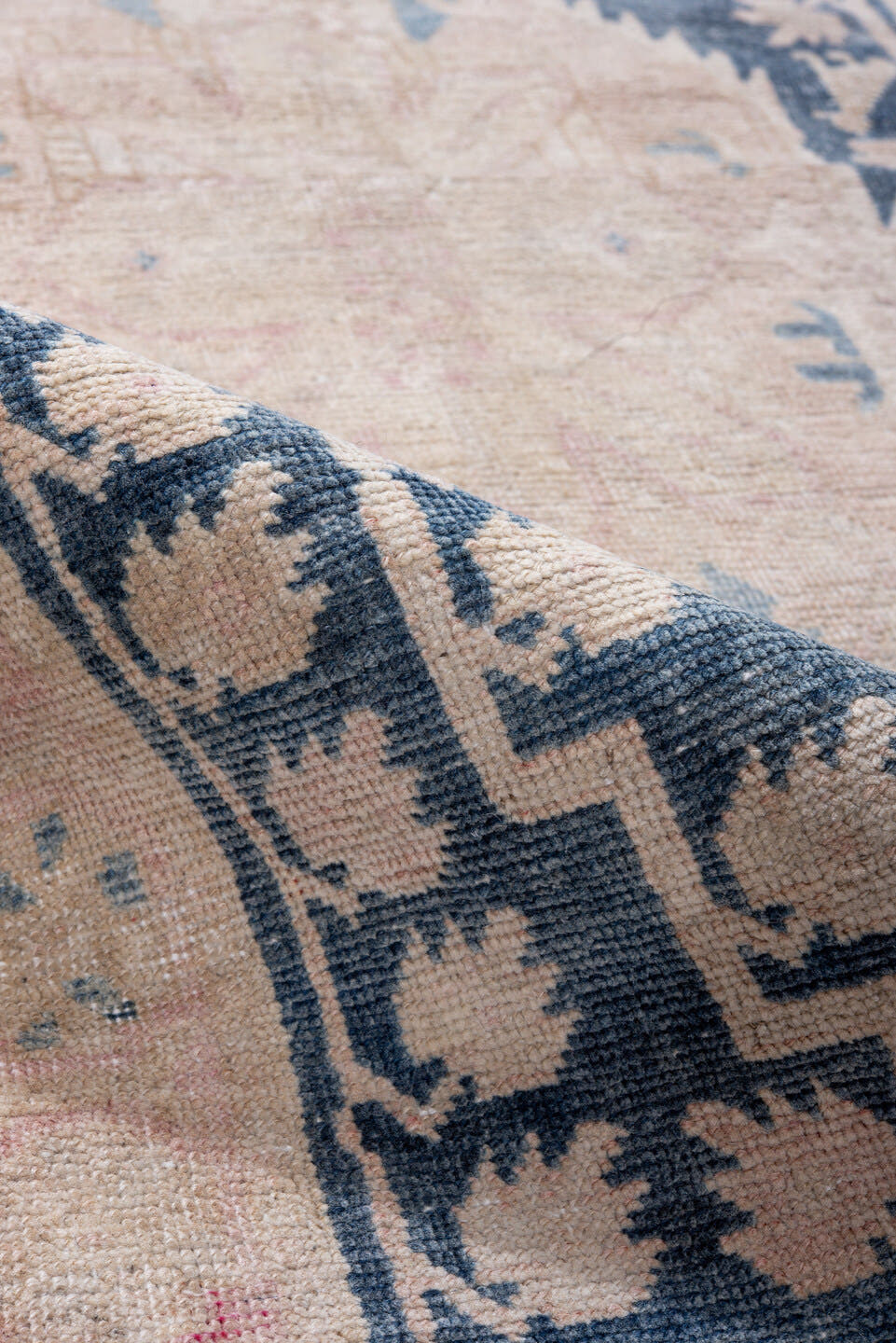 2' x 6' one-of-a-kind handmade antique Sivas runner rug. Color palette: blush, ivory, indigo, pale pink, cream, sky blue