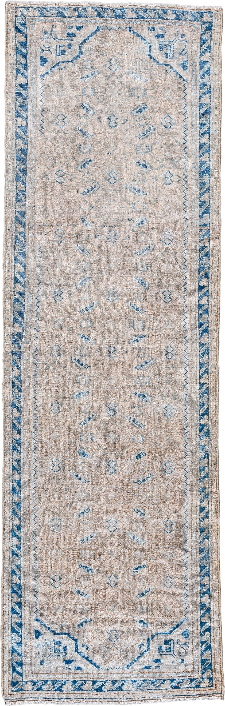 2' x 6' one-of-a-kind handmade vintage Hamadan runner rug. Color palette: ivory, sky blue, camel, beige, light blue