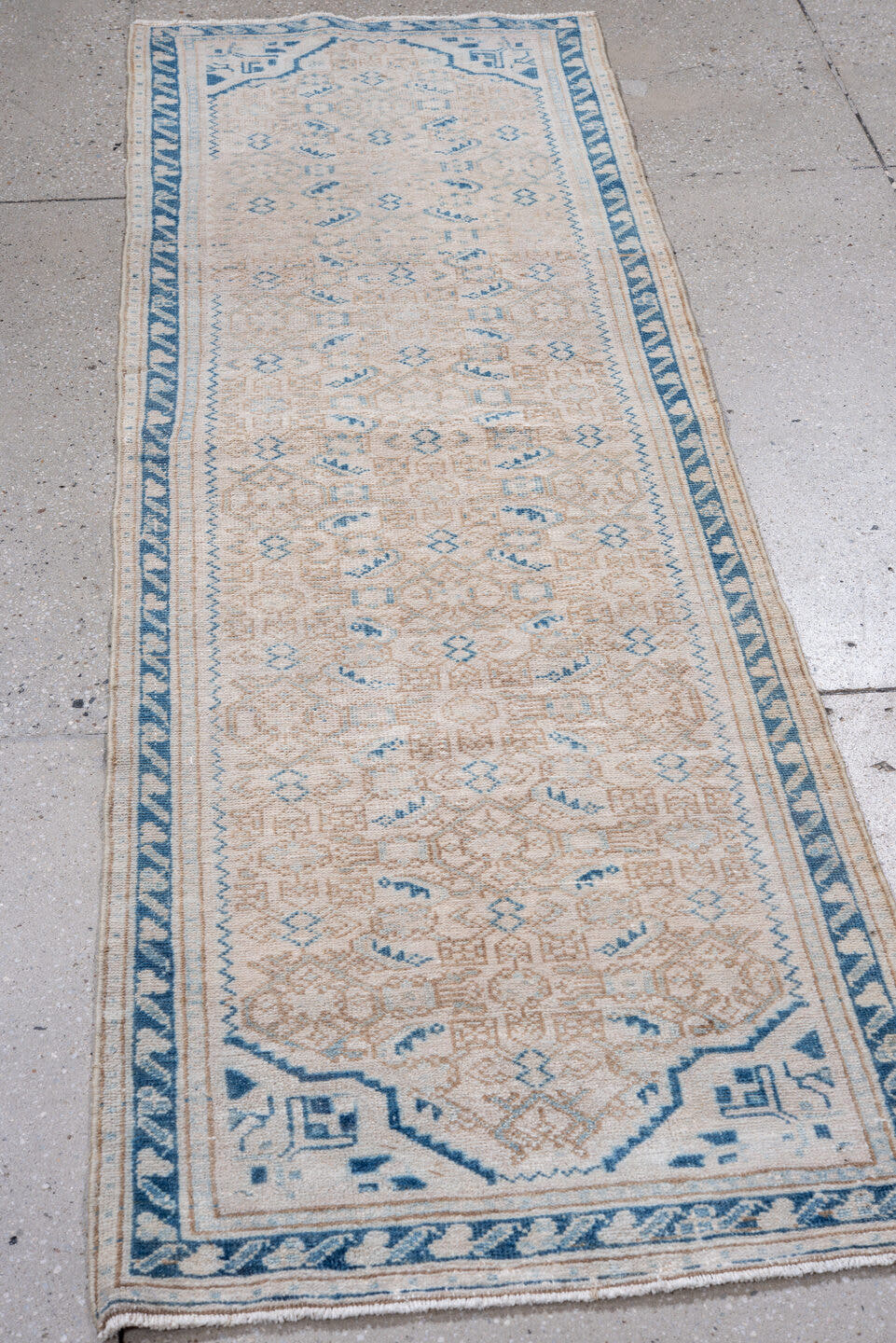 2' x 6' one-of-a-kind handmade vintage Hamadan runner rug. Color palette: ivory, sky blue, camel, beige, light blue