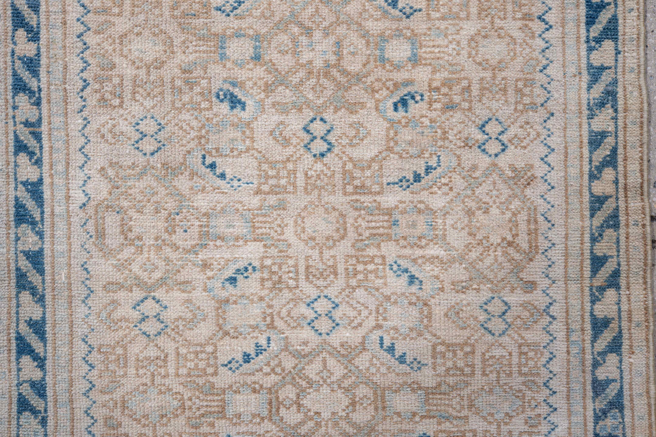 2' x 6' one-of-a-kind handmade vintage Hamadan runner rug. Color palette: ivory, sky blue, camel, beige, light blue