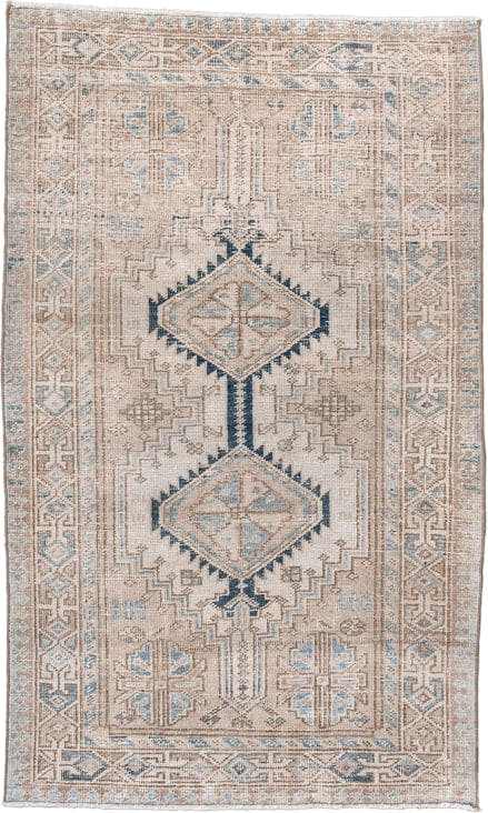 3' x 6' one-of-a-kind handmade antique Heriz small size rug. Color palette: ivory, taupe, faded blue, beige, slate, gray