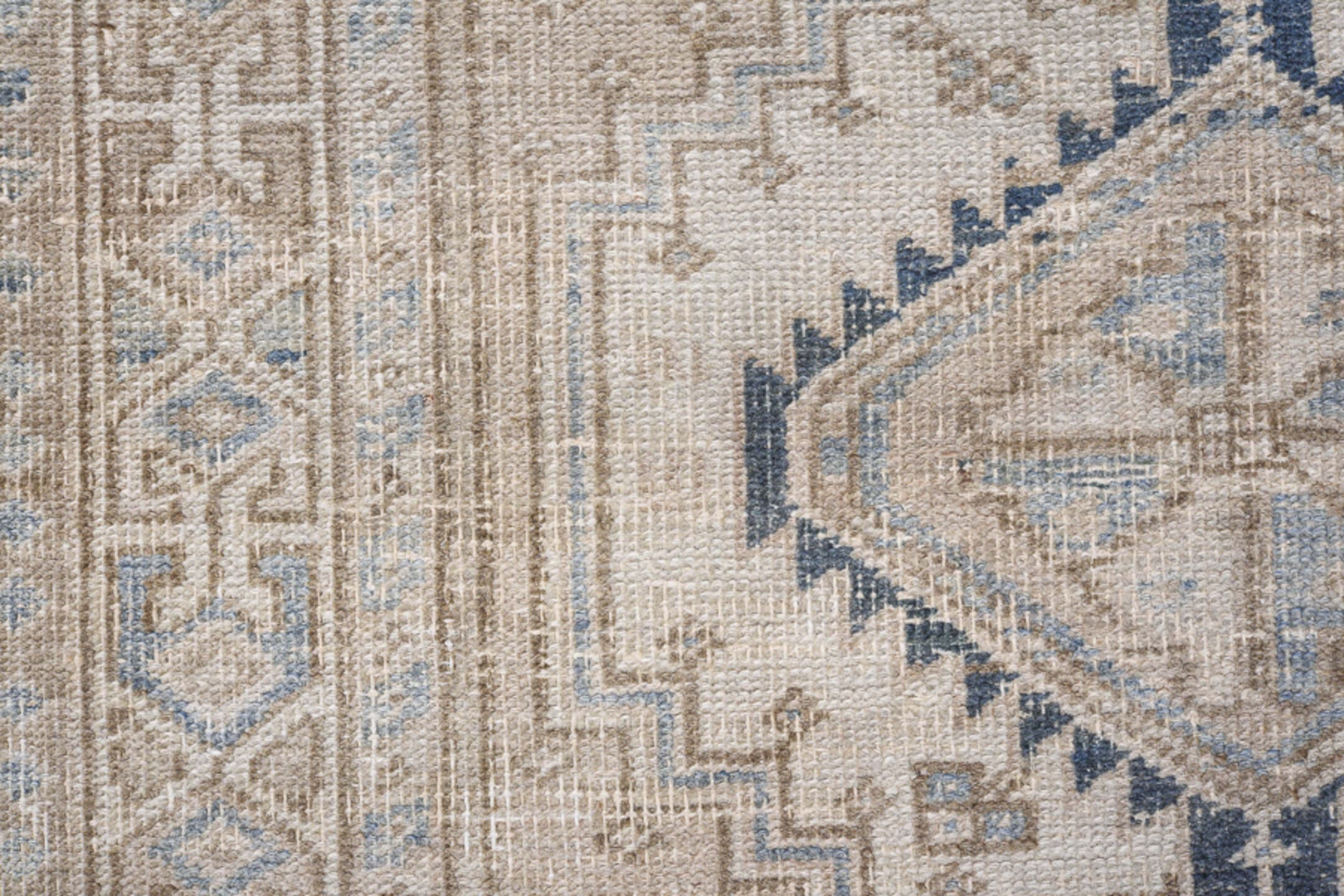 3' x 6' one-of-a-kind handmade antique Heriz small size rug. Color palette: ivory, taupe, faded blue, beige, slate, gray